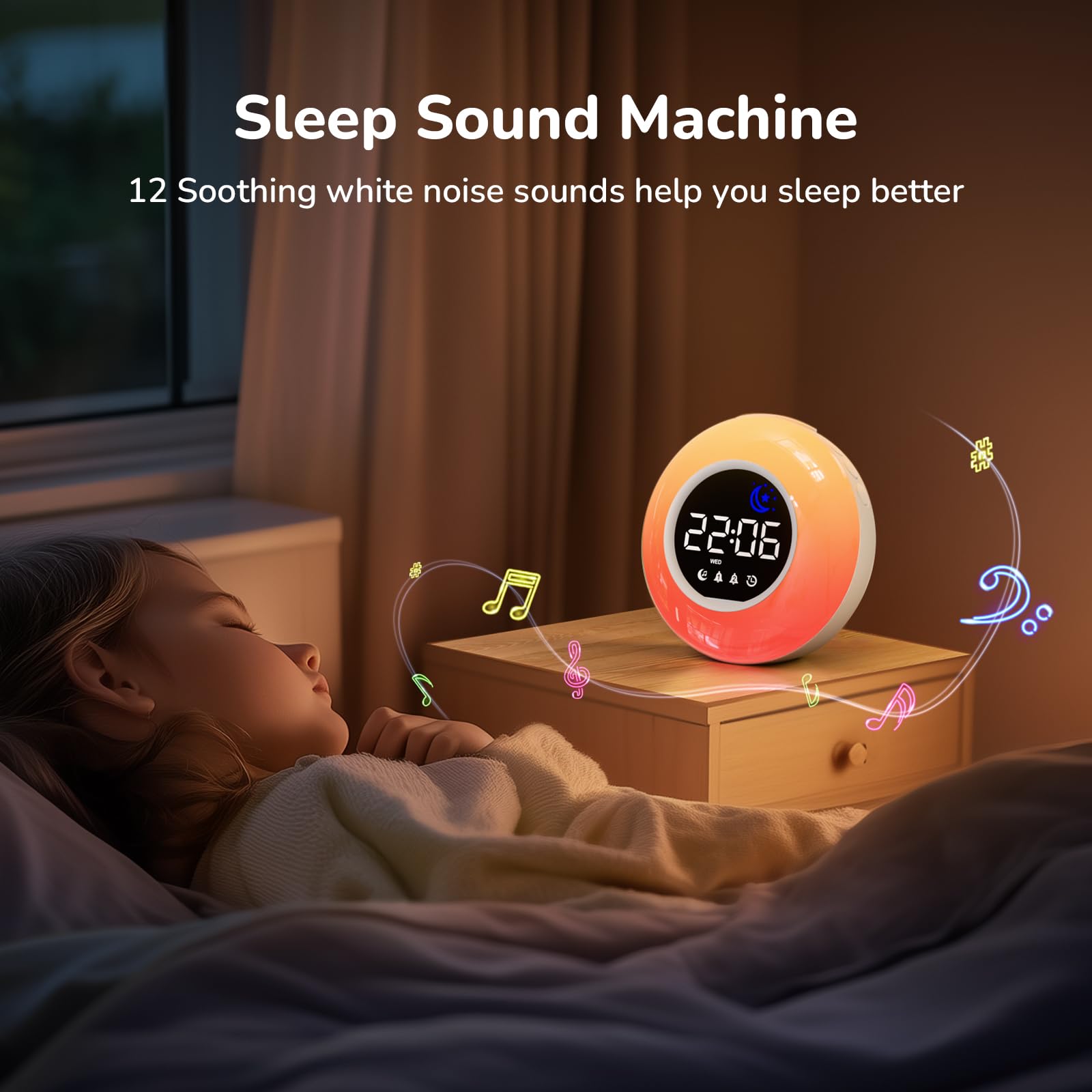 Wecker Digital, Kinderwecker mit Nachtlicht, 12 White Noise, 2 Alarmanzeige, Snooze und Timer, Einstellbare Helligkeit, Wecker für Schulanfänger, Netzbetrieben