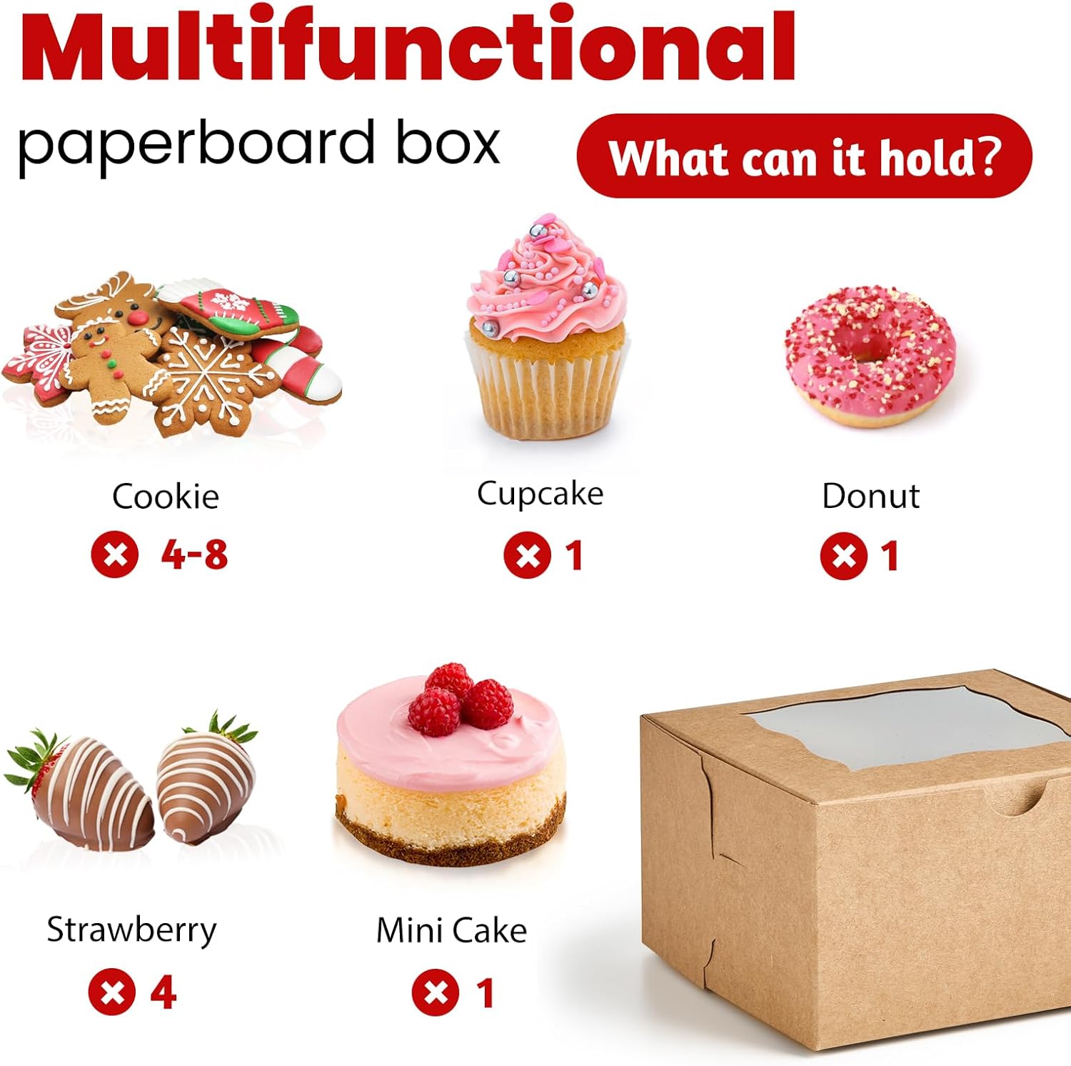 Small Cookie Boxes with Window, 4x4x2.5 Inch Kraft Bakery Boxes