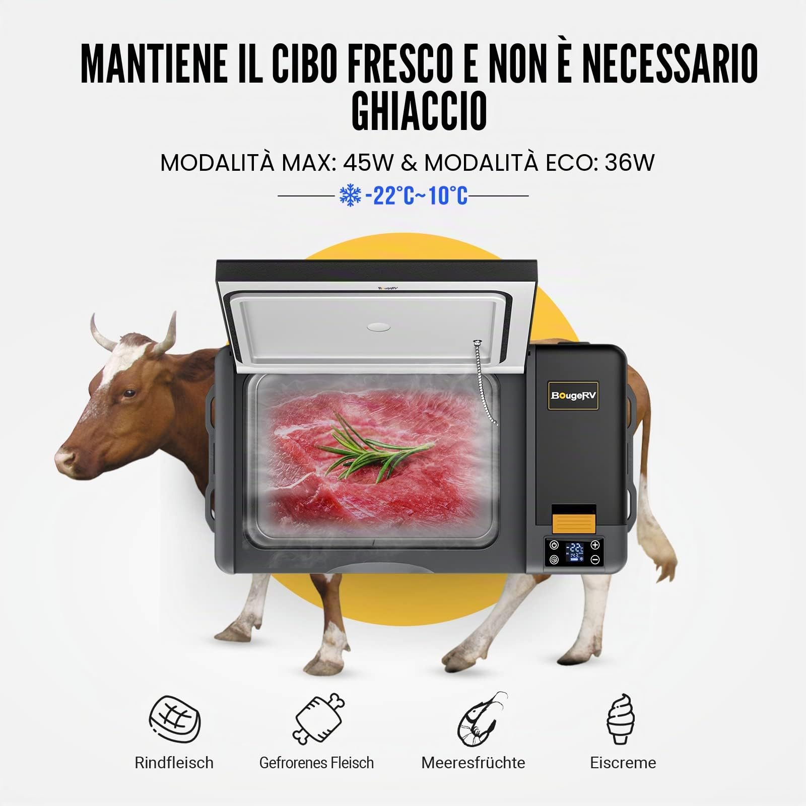 BougeRV CRPRO Frigo Portatile 29 litri -22°C 10°C 12/24V CC 110-240V CA Compressore 12V Campeggio Nero