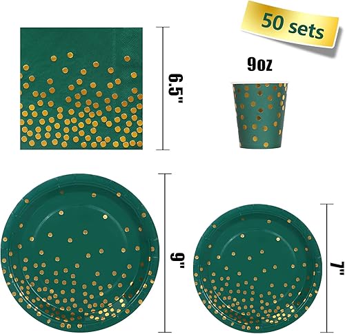 Miniatura 3 de Decoraciones de fiesta verdes y doradas, 200 platos y servilletas verde esmeralda, suministros de fiesta, platos de cumpleaños para decoraciones de