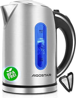 Aigostar Hervidor Agua Electrico de Acero Inox 1,7 Litros – Hervido Rápido Hervidor de Agua Eléctrico 2200W, Ventana Visible con iluminación LED, Tetera electrica Libre de BPA, Filtro, Apagado Auto