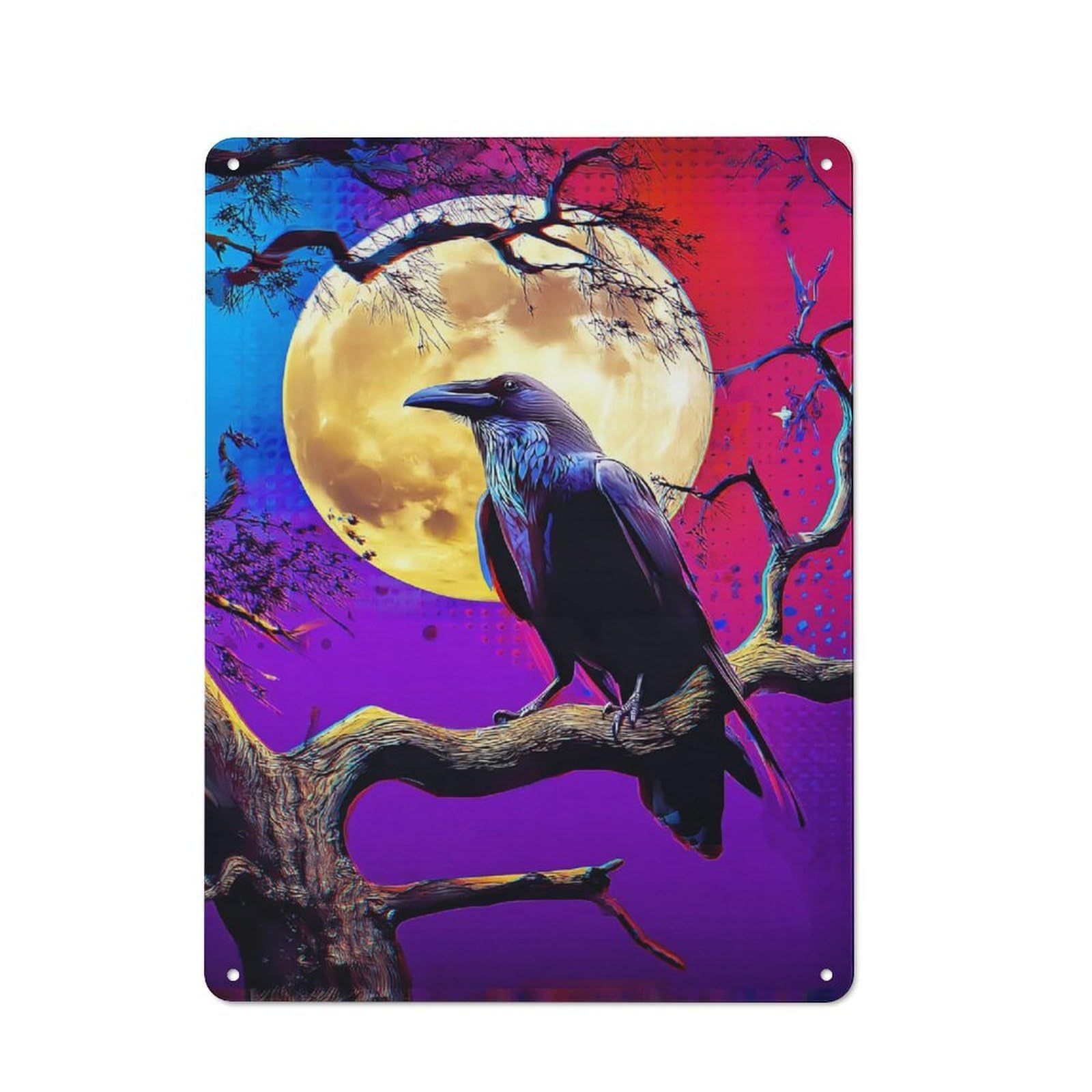 Junmoney Moonlit Raven枝头-3 Vintage Tin Sign 40X30cm, Old Fashioned Retro Room Decor For Bedroom, Office, Home Bar Or Dining Room