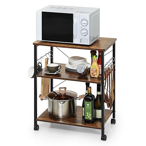 MoNiBloom Soporte para microondas de cocina con ruedas, carrito de servicio de almacenamiento rodante de 3 niveles con ganchos, marrón rústico