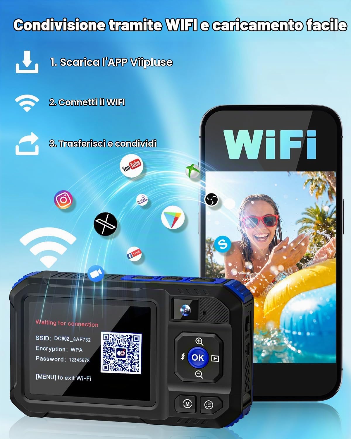 Fotocamera Subacquea, Fotocamera Digitale 5K 96MP Impermeabile 10 Metri Autofocus WiFi con Scheda 32GB, Doppio Schermo per Selfie, Fotocamera Subacquea Galleggiabile 16X per Snorkeling