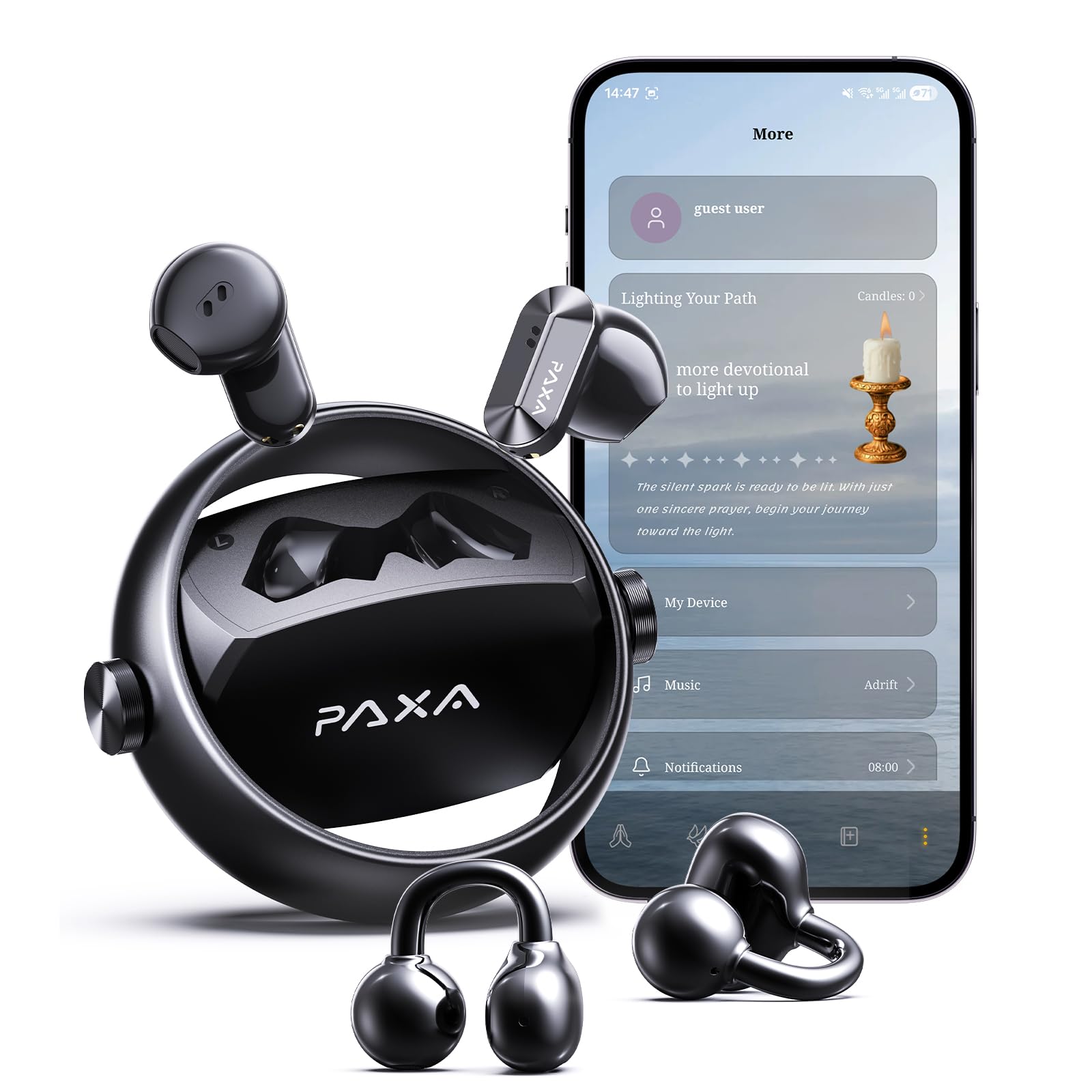 PAXA Auricolari Bluetooth Open Ear Clip-On 2 in 1 con App StillVoice, Bluetooth 6.0, 50 Ore di Autonomia, Riduzione Ibrida del Rumore, Sync Automatico L/R, Nero
