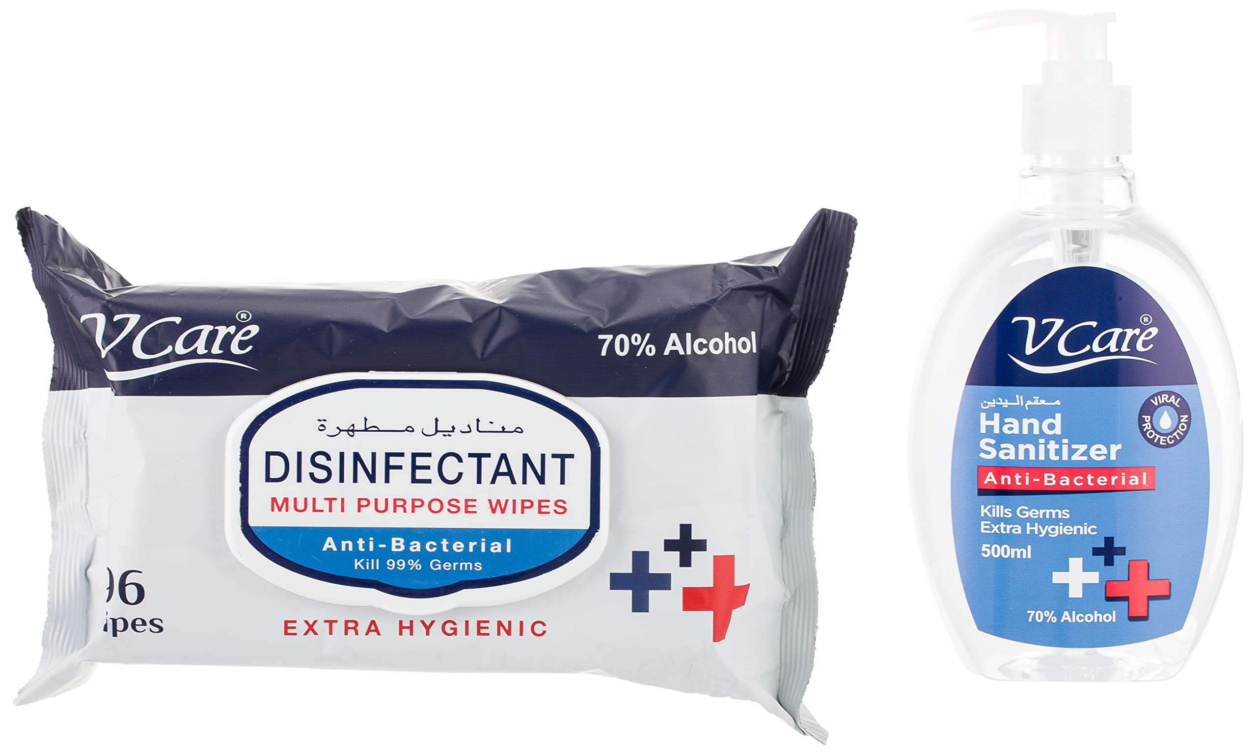 V Care Disinfectant Multi Purpose Wipes, 96 Sheets + Hand Sanitizer, 500 ml