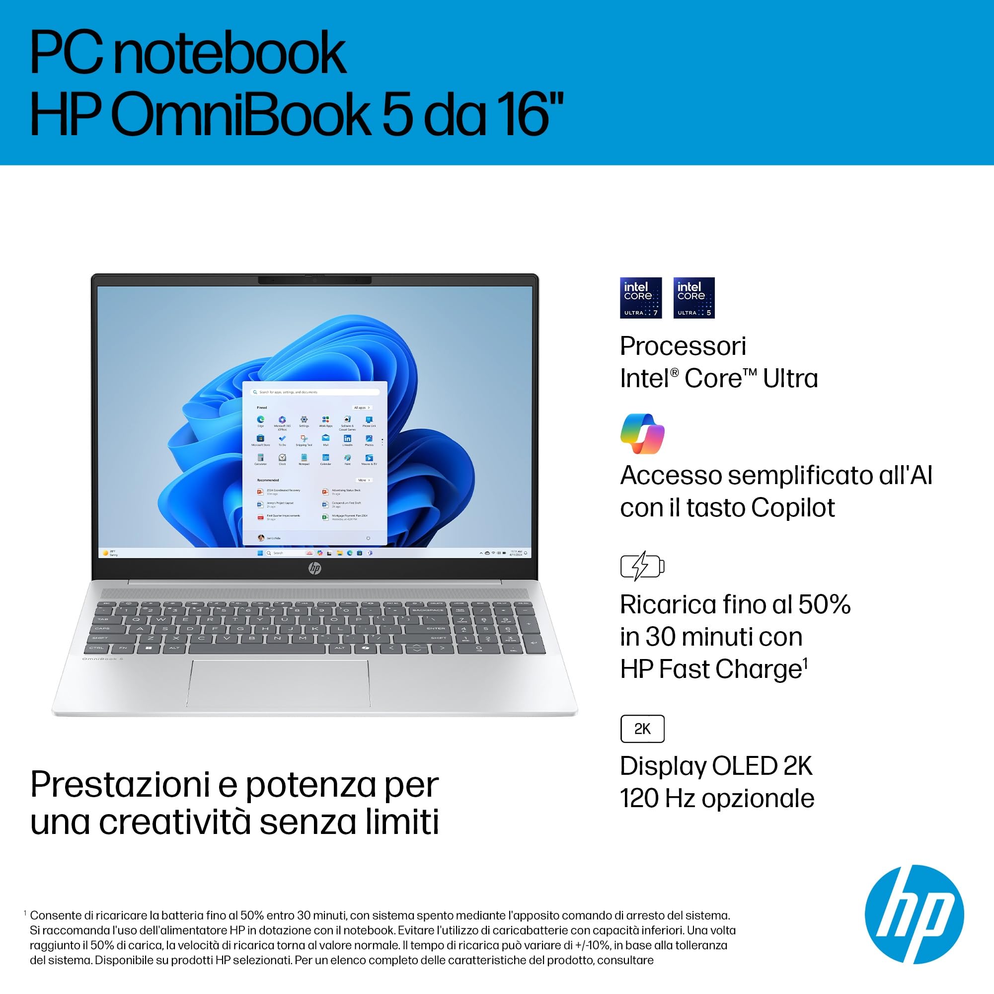 HP OmniBook 5 AI PC 16-af1001slx, Notebook, Intel Core Ultra 5 225U, 16 GB RAM, 512 GB, Grafica integrata, Display 16" 2K IPS Antiriflesso 300 nits, Laptop, Windows 11, Portatile, Argento