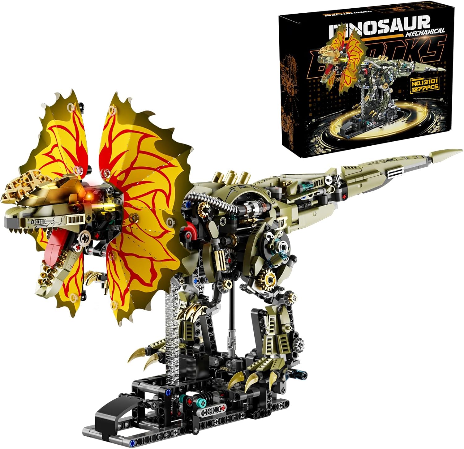 HJPLPXH 1277 Pcs Mechanical Dilophosaurus Building Blocks Set Steampunk Dinosaur Model with LED Eyes and Manual Linkage Robot STEM Display Gift for Adults& Teens