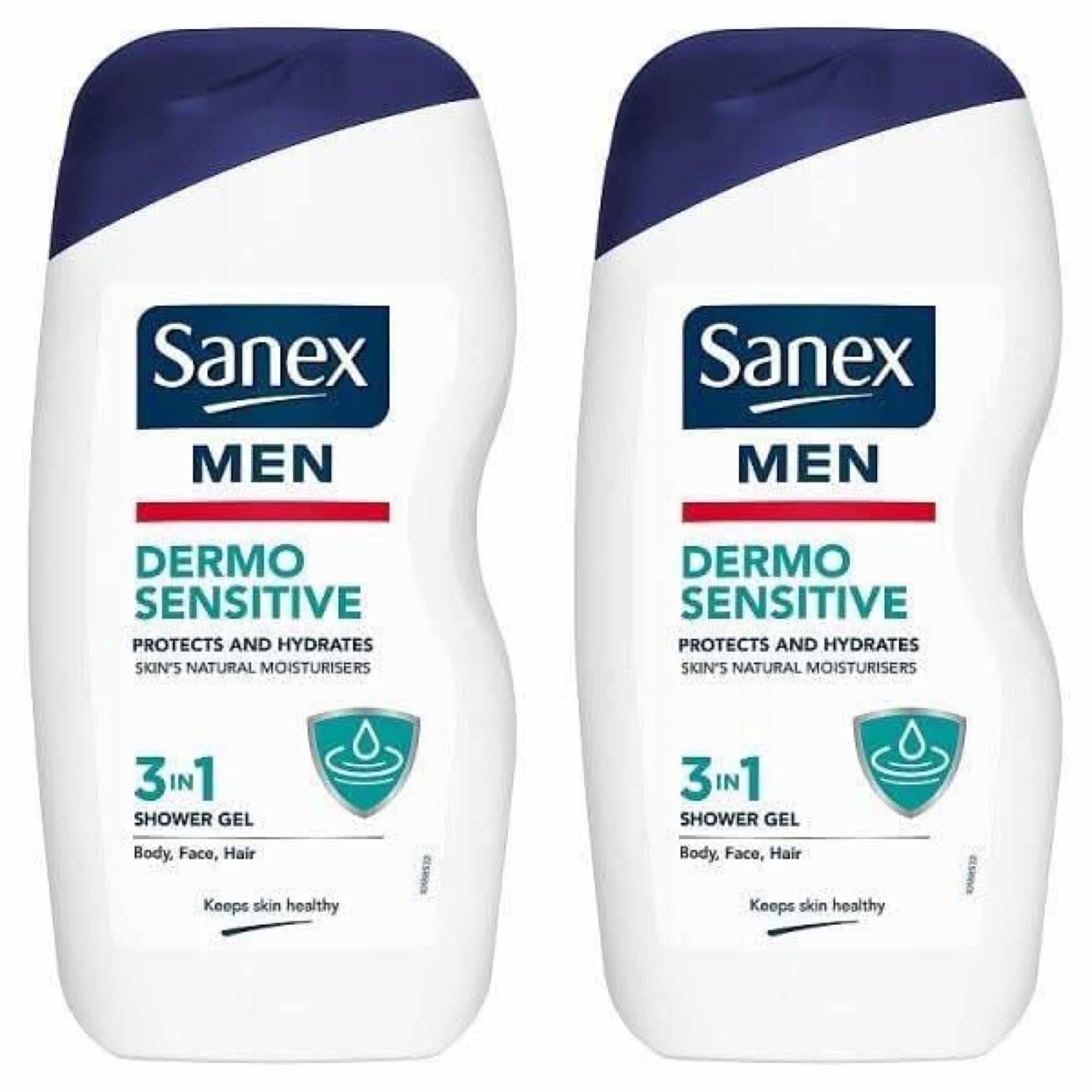 2 x 50 ml SANEX SHOWER GEL FOR MEN 3 in 1 Body Face Hair DERMO SENSITIVE Wash Protect and Hydrates skin natural Moisturisers Healthy Skin Palmers head cap hose mat gift refill Dermatologically Tested