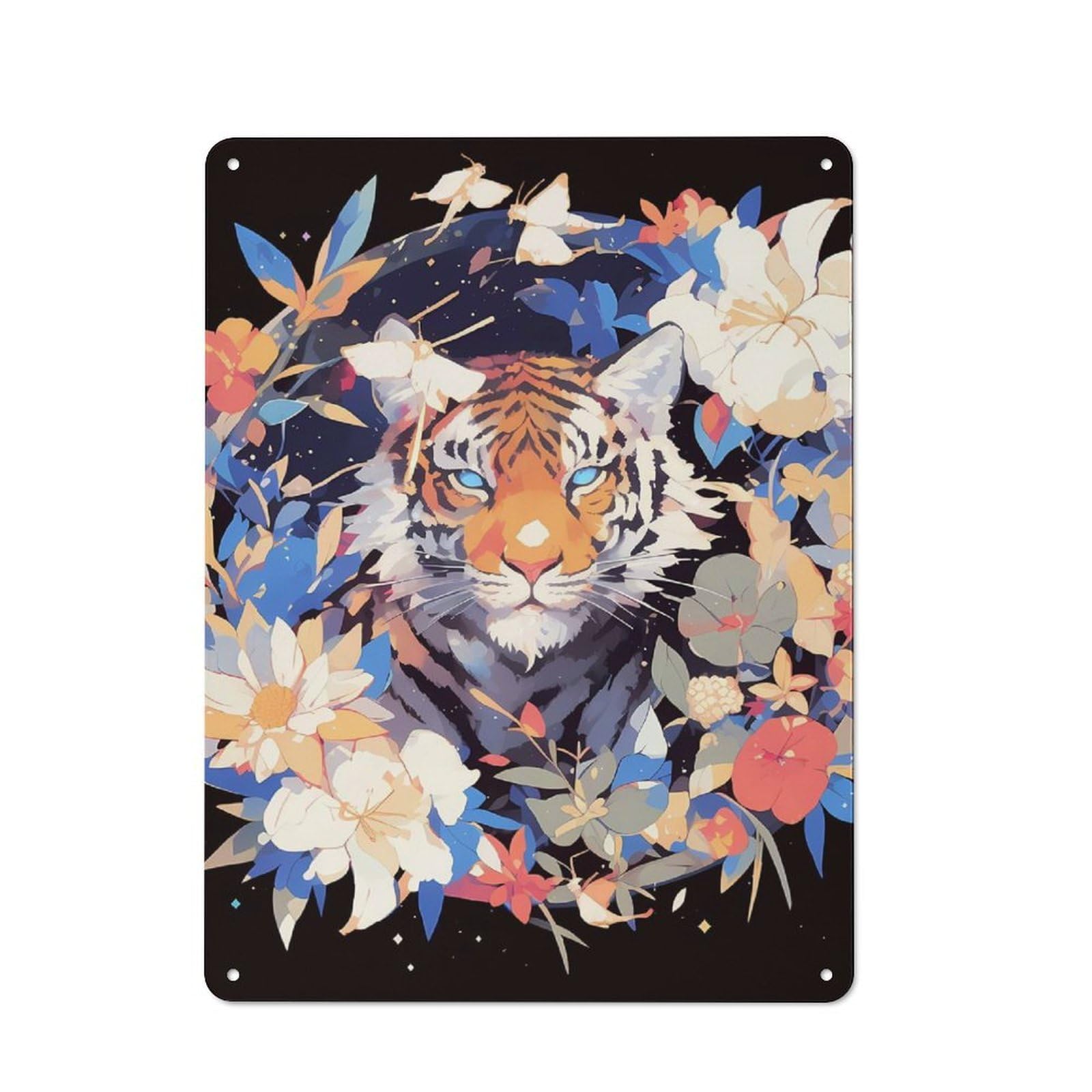Industrial Tin Wall Sign 40x30cm Featuring Floral Tiger Portrait, Urban Room Decor for Workspace, Cafe, Hallway Or Garage
