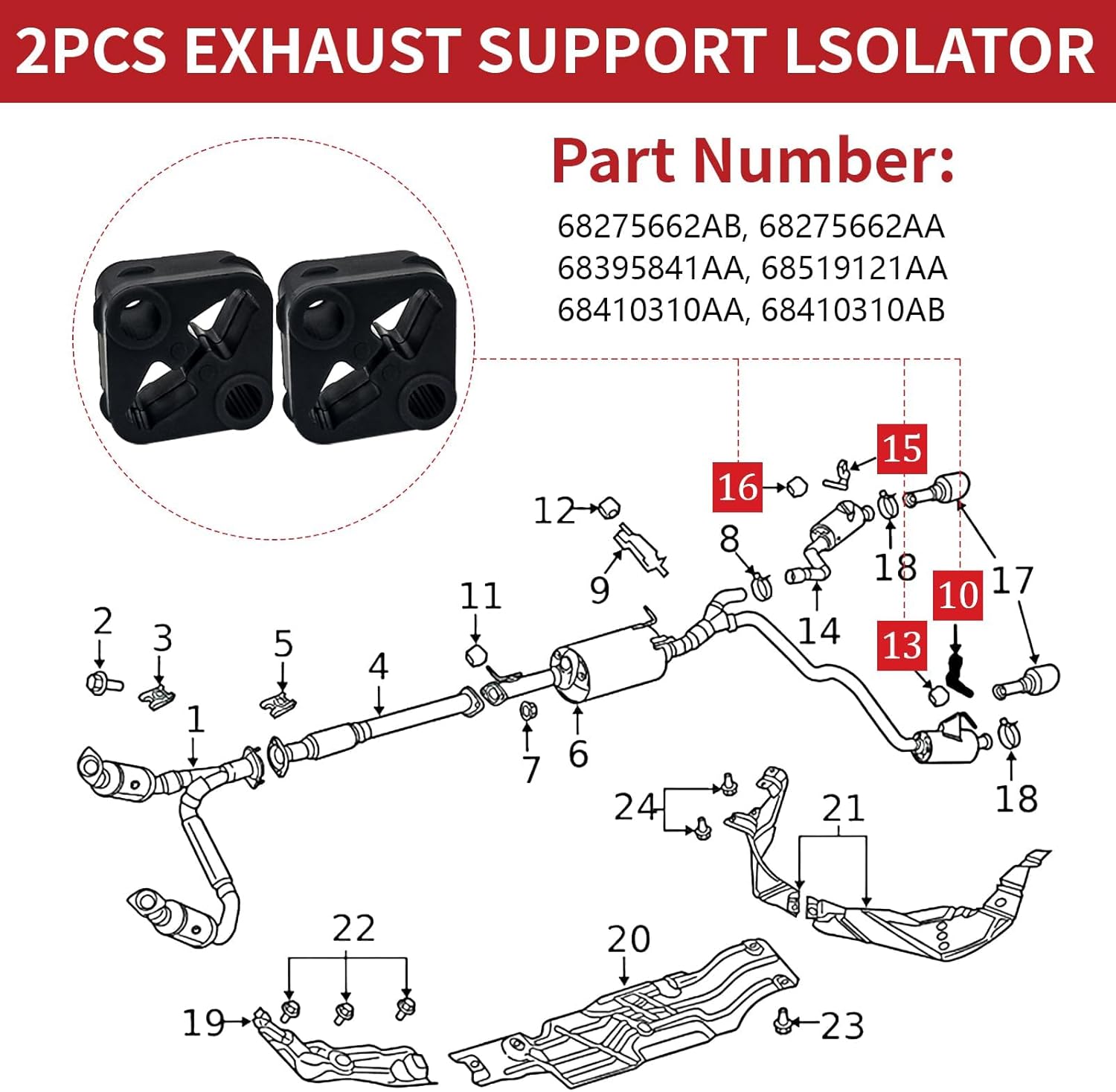 Exhaust Bracket Muffler Support Kit with Rubber isolators Compatible with 2019-2025 Ram 1500 68275662AB 68395841AA 68519121AA with 4 Holes&2 Holes Rubber Exhaust Hanger 4 Pack