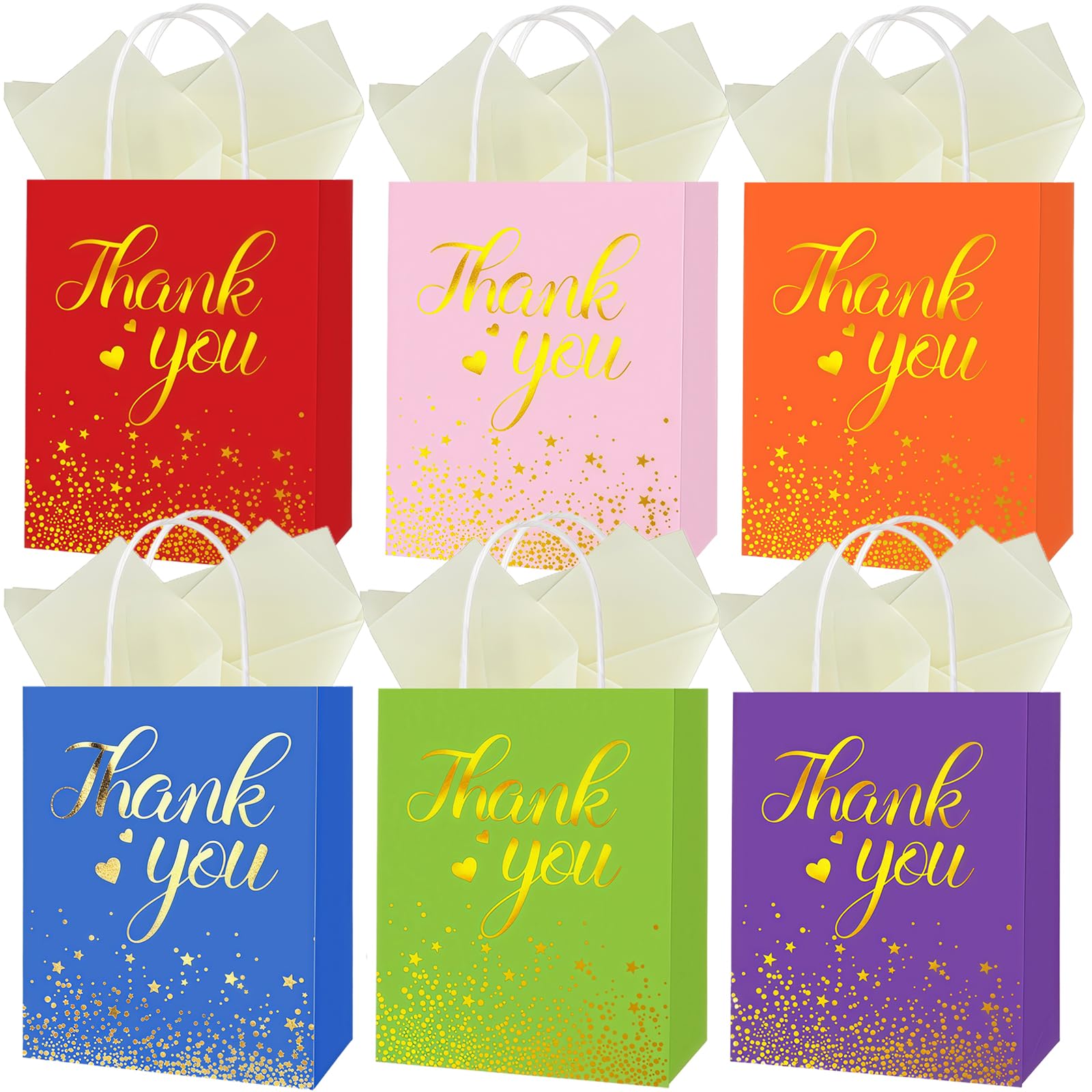 6 PCS Thank You Gift Bags with Handles and 6 Tissue Papers, Colourful Paper Gift Bags for Party Favours, Thank You Gifts, Small Presents, 22 x 16 x 8 cm