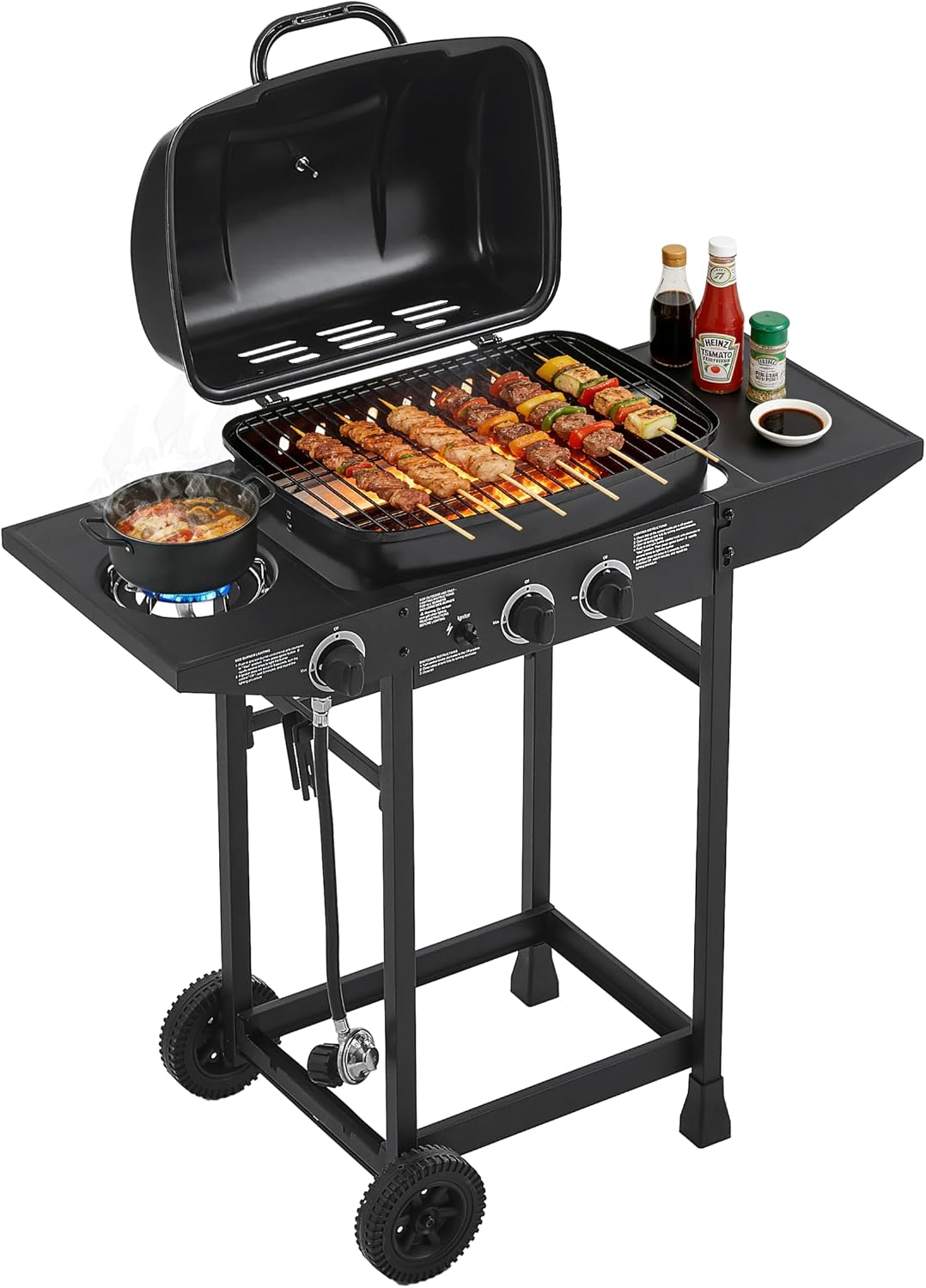 2 Burner BBQ Propane Gas Grill with Side Burner 24000 BTU Output Stainless Steel Barbecue Grill with Enameled Grates and Side Tables for Outdoor Cooking Kitchen and Patio Backyard