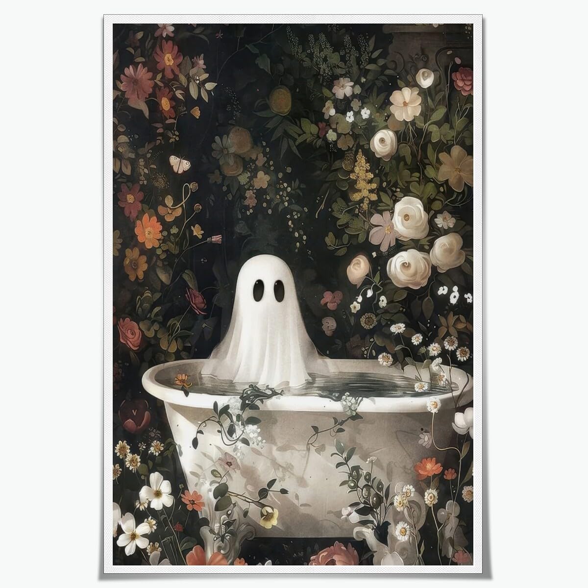 Medpol Ghost wall art for halloween decoration ghost takes a bath tub in flower forest vintage haunting gothic poster painting for dark academia room