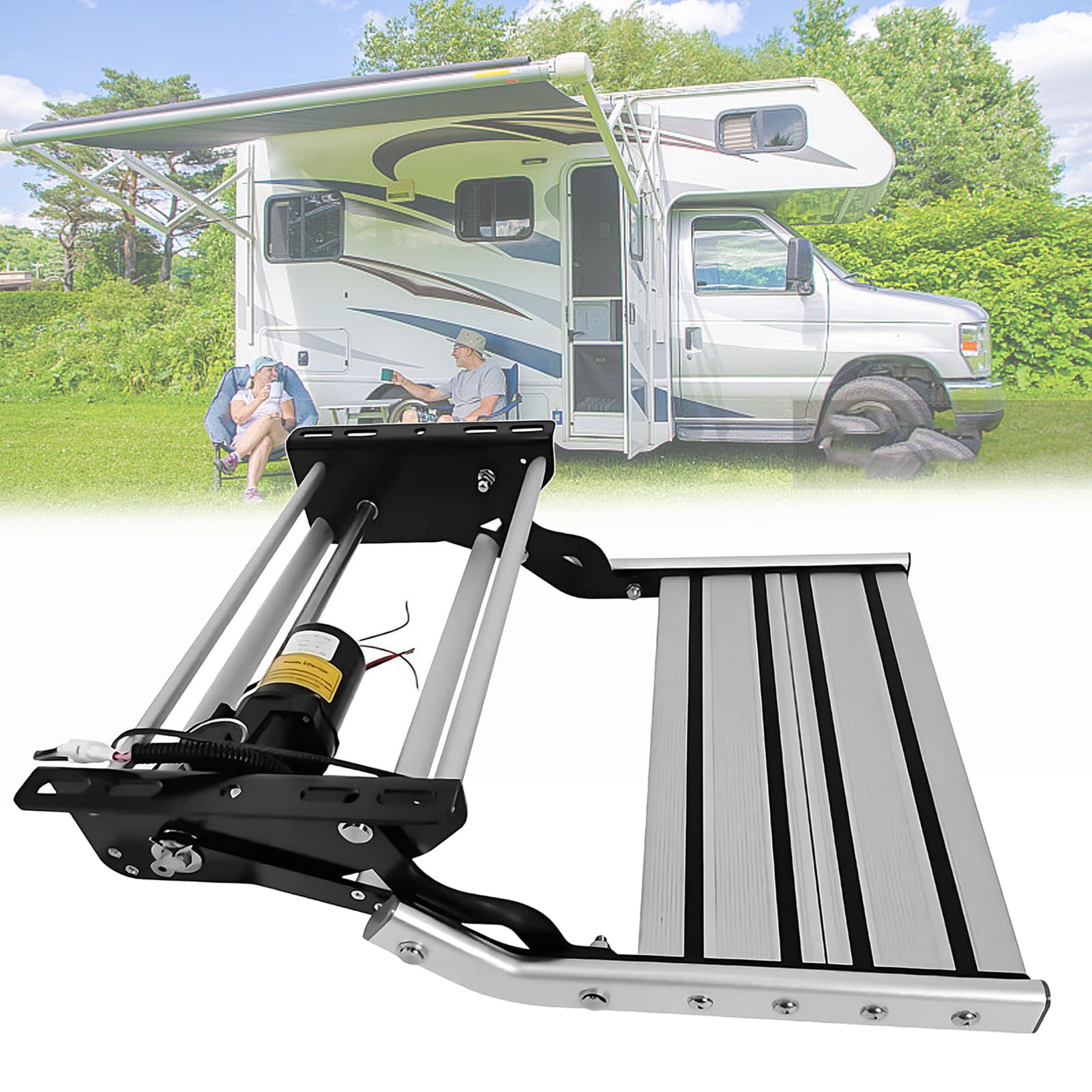 Jiangyuxinli Electric Motorhome Steps With Led Light, Step Stool Foldable For Rv/Campers, 200 Kg Load Thickened Steel Plate & Aluminum Alloy Frame, No-Slip Surface, For Motorhome And Camper Accessories