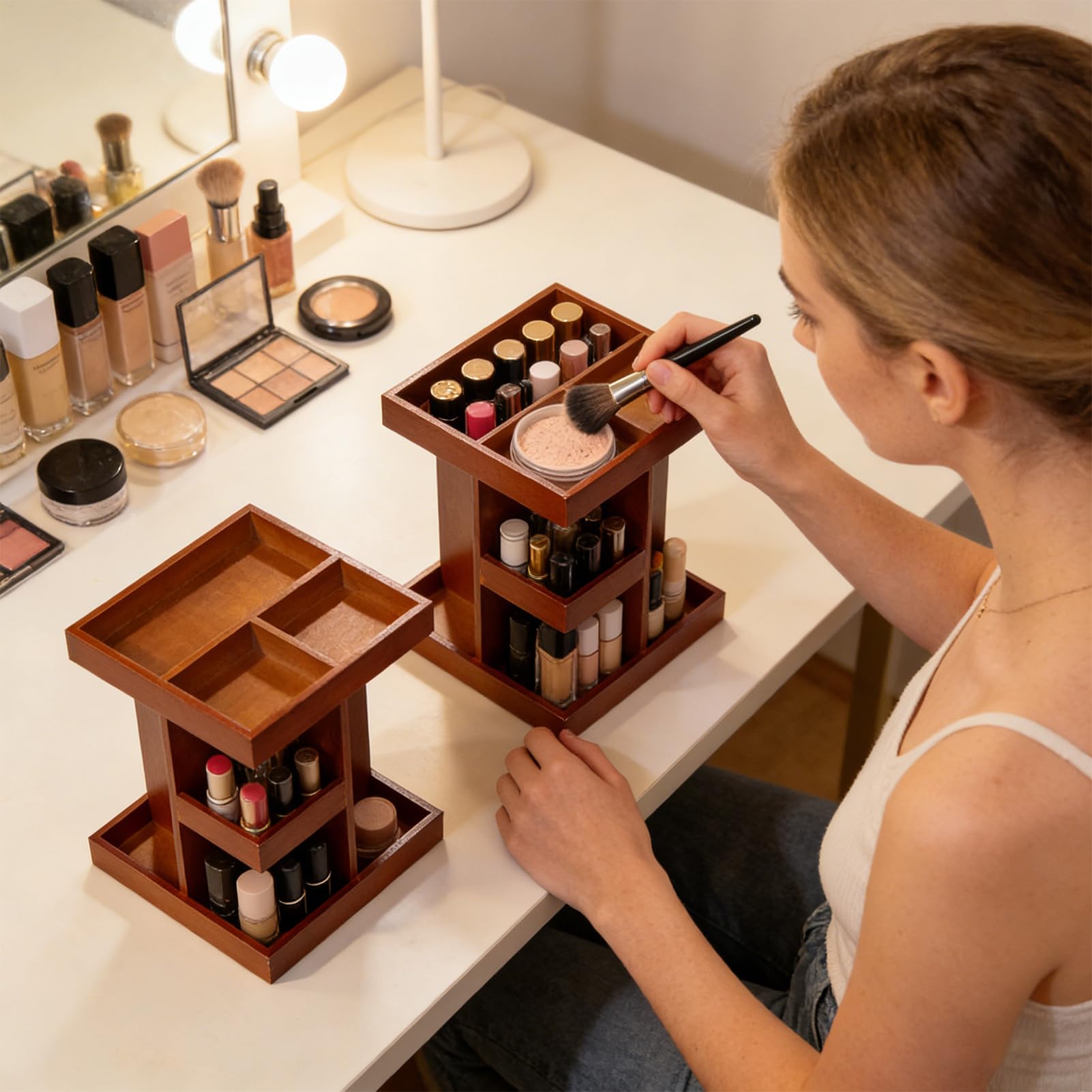 Organizer Trucco Girevole Espositore Decorativo Rustico In Legno | Porta Cosmetici Espositore Rotante 360° Contenitore Per Bagno, Cosmetici, Profumi E Cura Della Pelle Per Casa E Toeletta