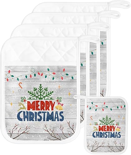 Miniatura 1 de Juego de 5 agarraderas de madera de Navidad para cocina, antideslizantes y aislantes de calor, juego de agarraderas de tela de toalla con bolsillo,