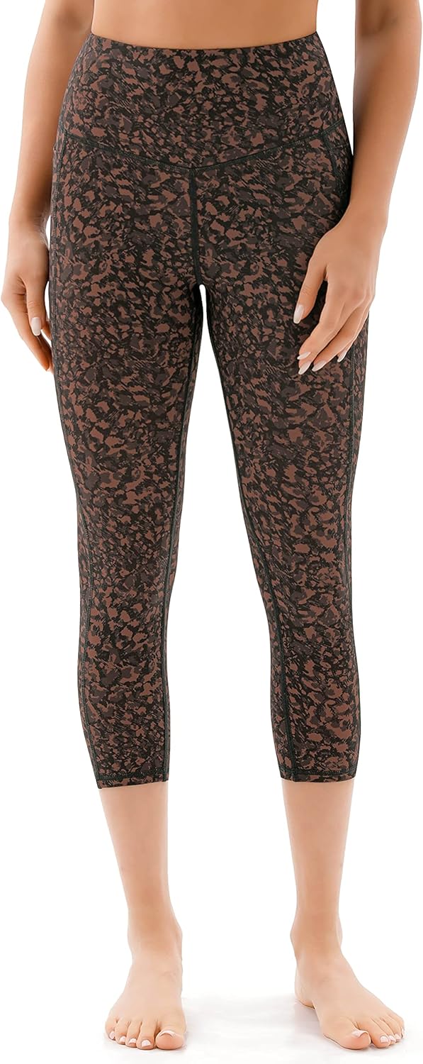 PERSIT Yoga Pants for Women Capri Leggings with Pockets High Waisted Tummy Control Leggings Workout Athletic Running Gym Exercise Pants Brown Multi M