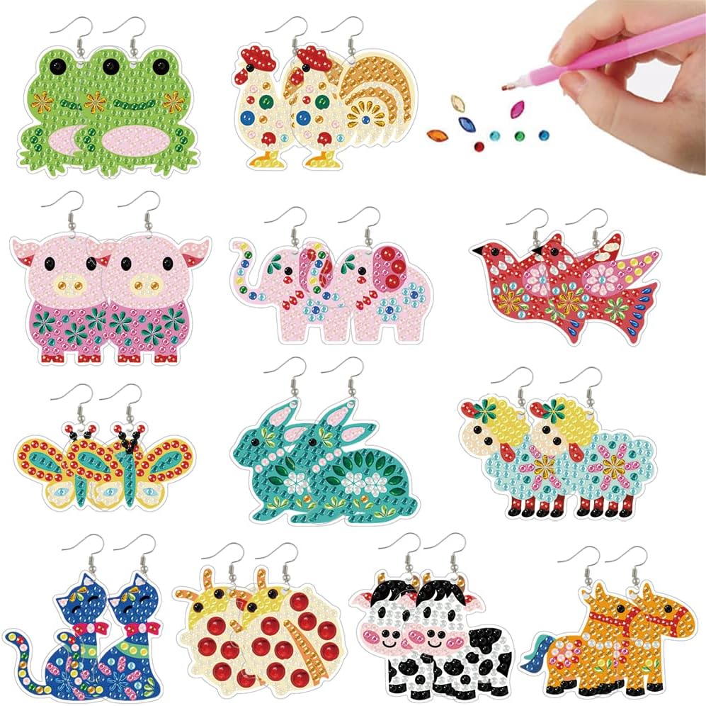 beinkmake 12 Pairs Farm Animals Diamond Painted Earrings 5D Earring Making Kit Cat Bird Chicken Rabbit Cow Butterfly Jewelry DIY Diamond Art Earring Kit for Adults Craft Unique Handmade Gifts