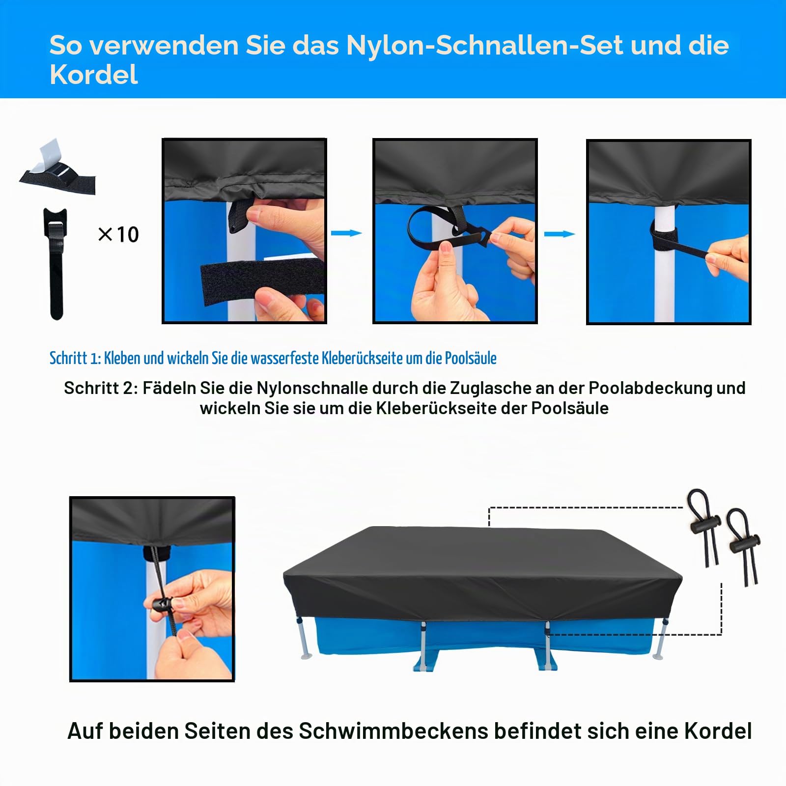 300 x 200 cm Pool Abdeckung Rechteckige 3 x 2 m Sommer & Winter Solarplane Schwimmbadabdeckung mit Schnüre Design für Oberirdischen Pool Staubdicht Wasserdicht