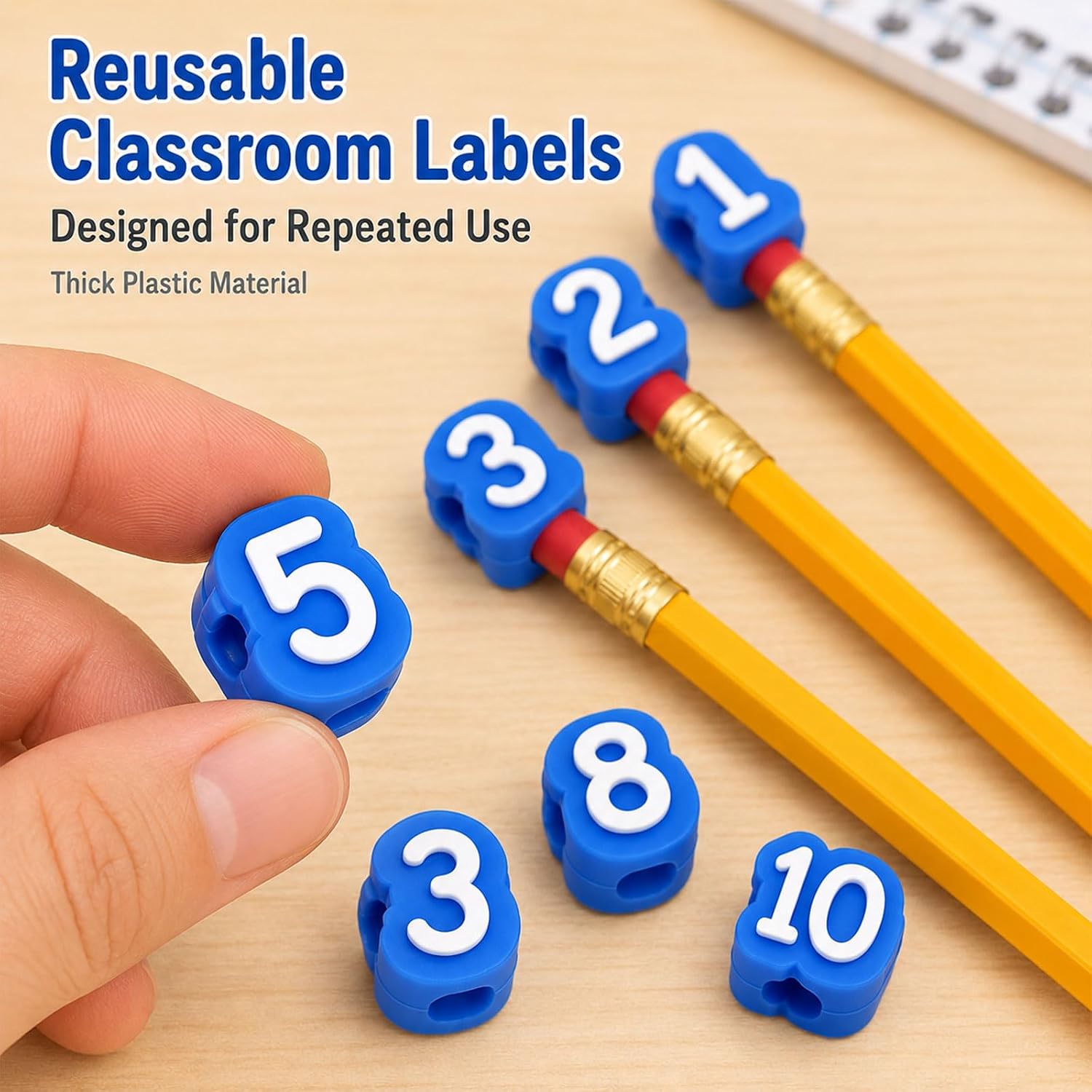 30/50 Pcs Numbered Pencil Toppers, Reusable Classroom Pencil Labels for Classroom Organization and Supply Tracking Station，Light Blue/Numbers 1-30