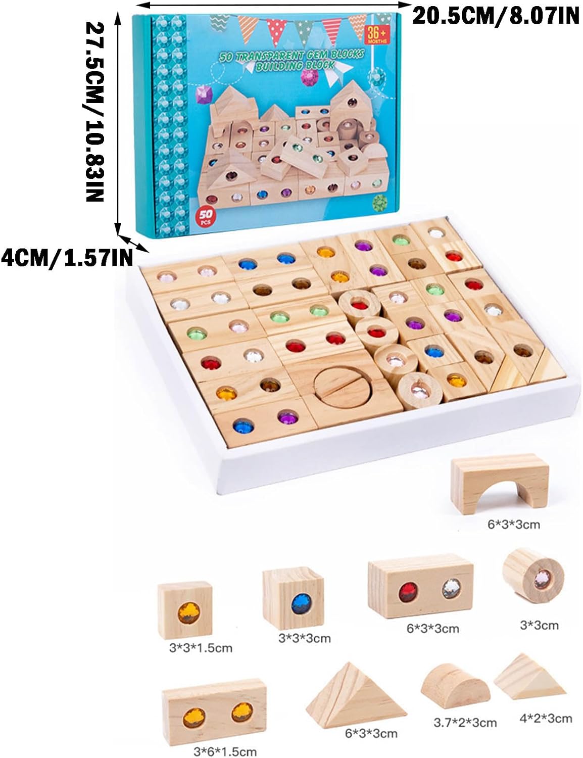 Acrylic Wooden Gem Block Wooden Blocks Set with Colorful Acrylic Inserts Rainbow Gem Cubes Stacking Blocks Early Learning Tool (50PCS)