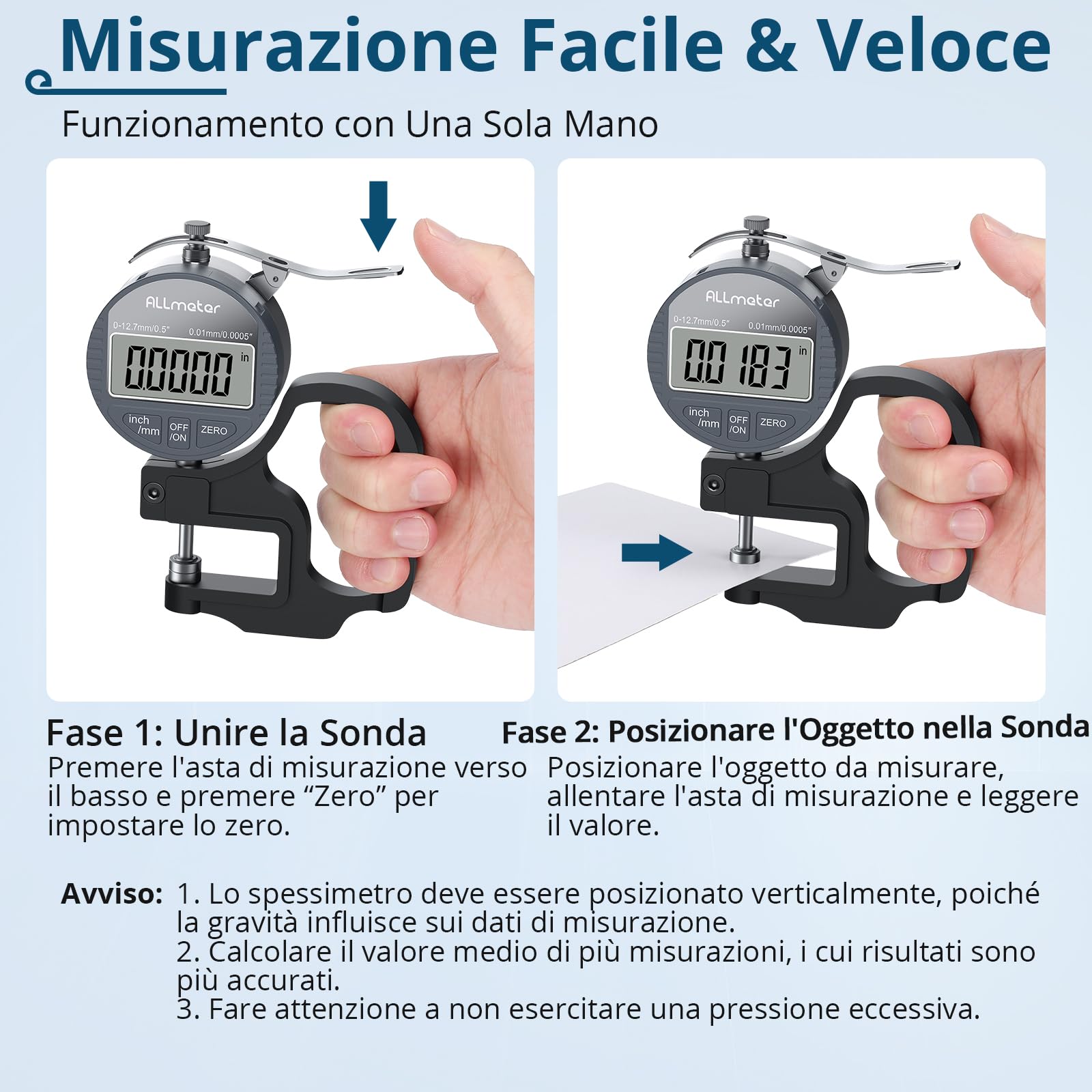 Calibro per Spessori Digitale 0-12,7mm/0-0,5" con Precisione di 0,01 mm/0,0005", Misuratore di Spessore Elettronico con Display LCD e Funzione Auto-Zero per Pelle, Carta, Tessuto