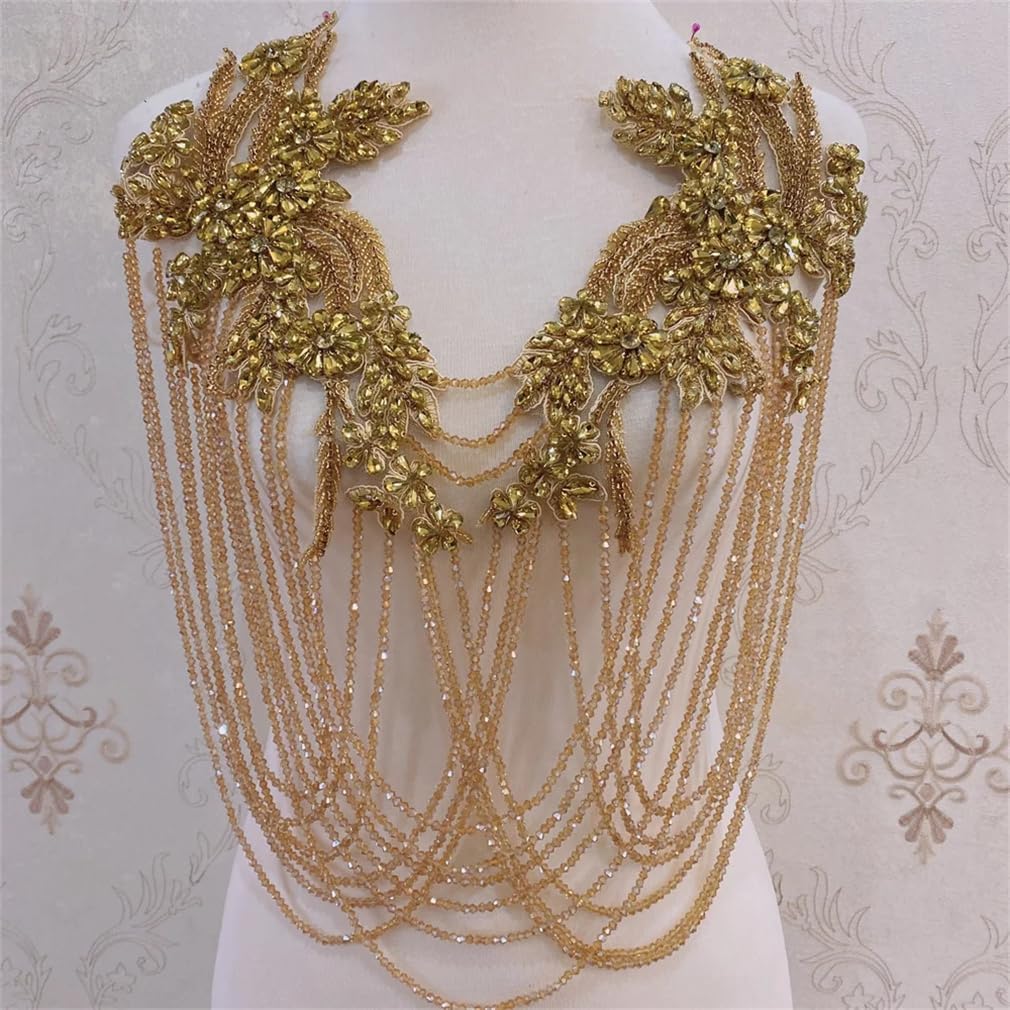Generic 1PCS Front Crystal Tassels Wedding Collar with Rhinestone Beaded Tassels Appliques Neckline for Clothes Decoration, Gold a