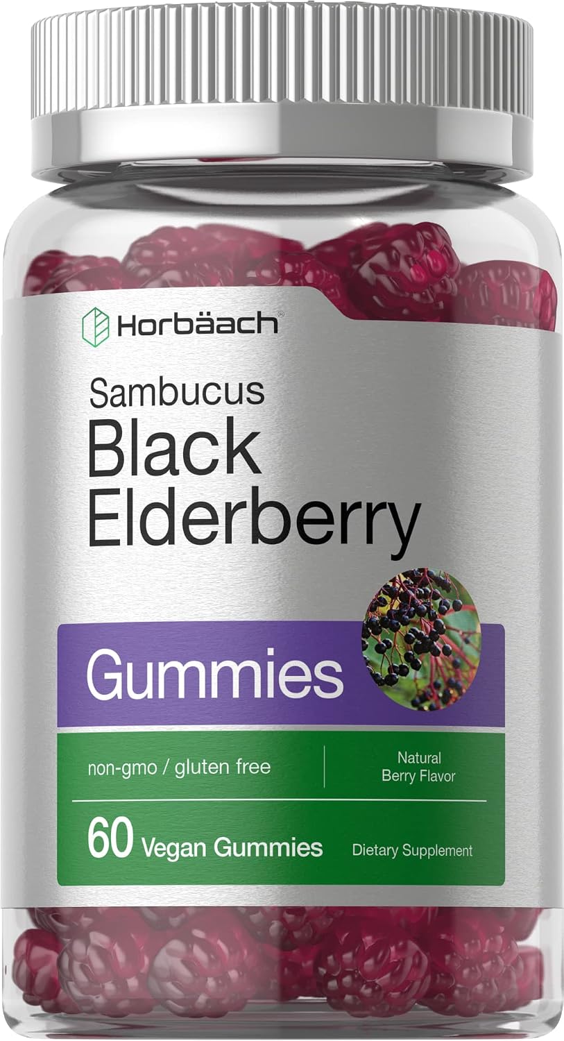 Sambucus Black Elderberry Gummies | 60 Count | with Zinc and Vitamin C | Vegan, Non-GMO, Gluten Free Extract for Adults | Natural Berry Flavor | by Horbaach