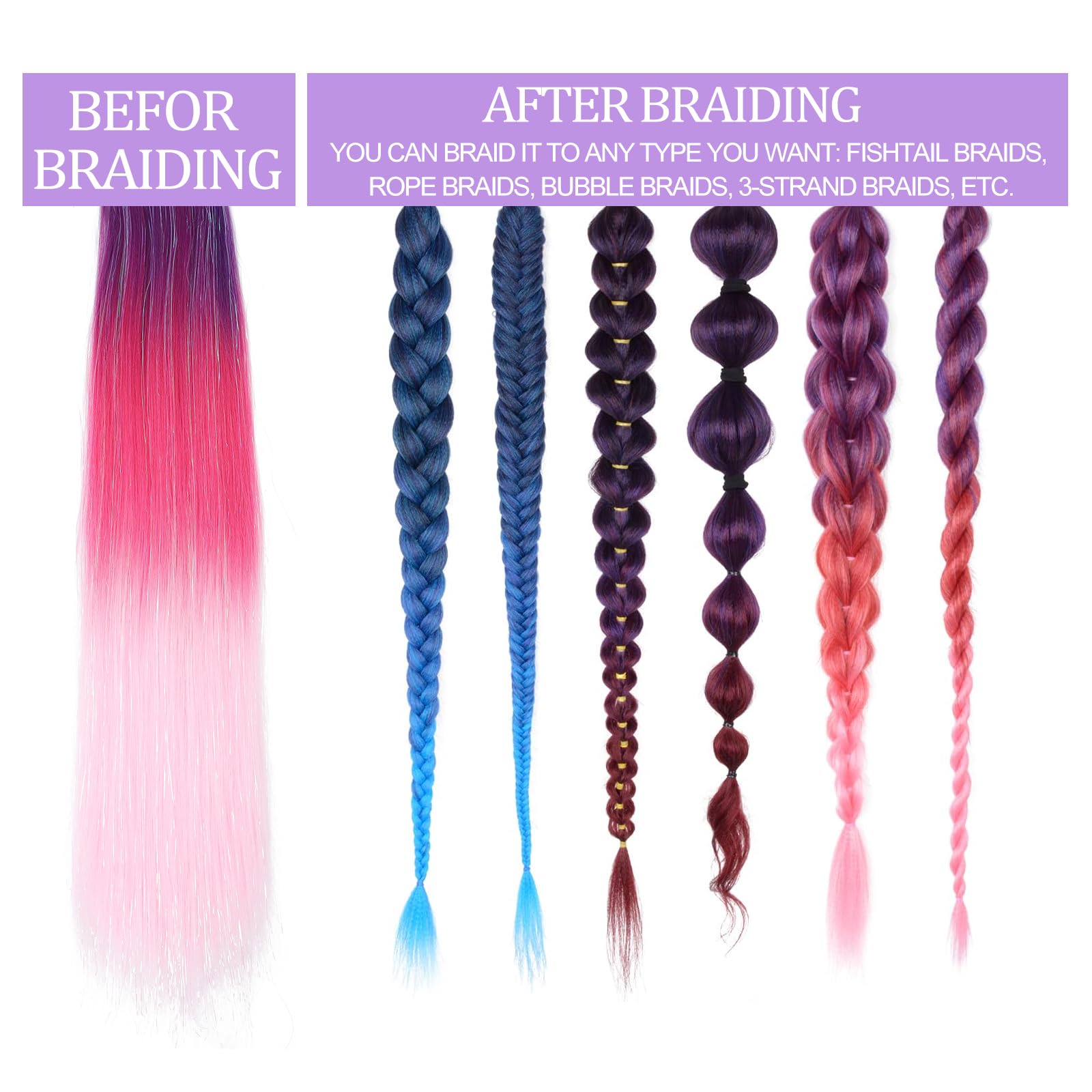 1 Packs 26 Inch Rainbow Ponytail Hair Extensions with Tinsel Hair for Jumbo Braiding Hair Extensions Soft Yaki Straight Synthetic Hair Glitter Ponytail for Girls DIY Box Braids (blue-pink-purple) - Image 4