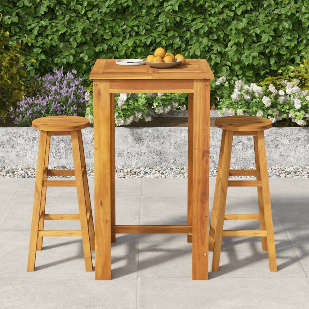vidaXL Mesa y Taburetes Altos de Jardín 3 pzas, Juego de Muebles de Bar, Mesa Sillas Altas, Mesita Asientos Exterior, Madera Maciza Acacia