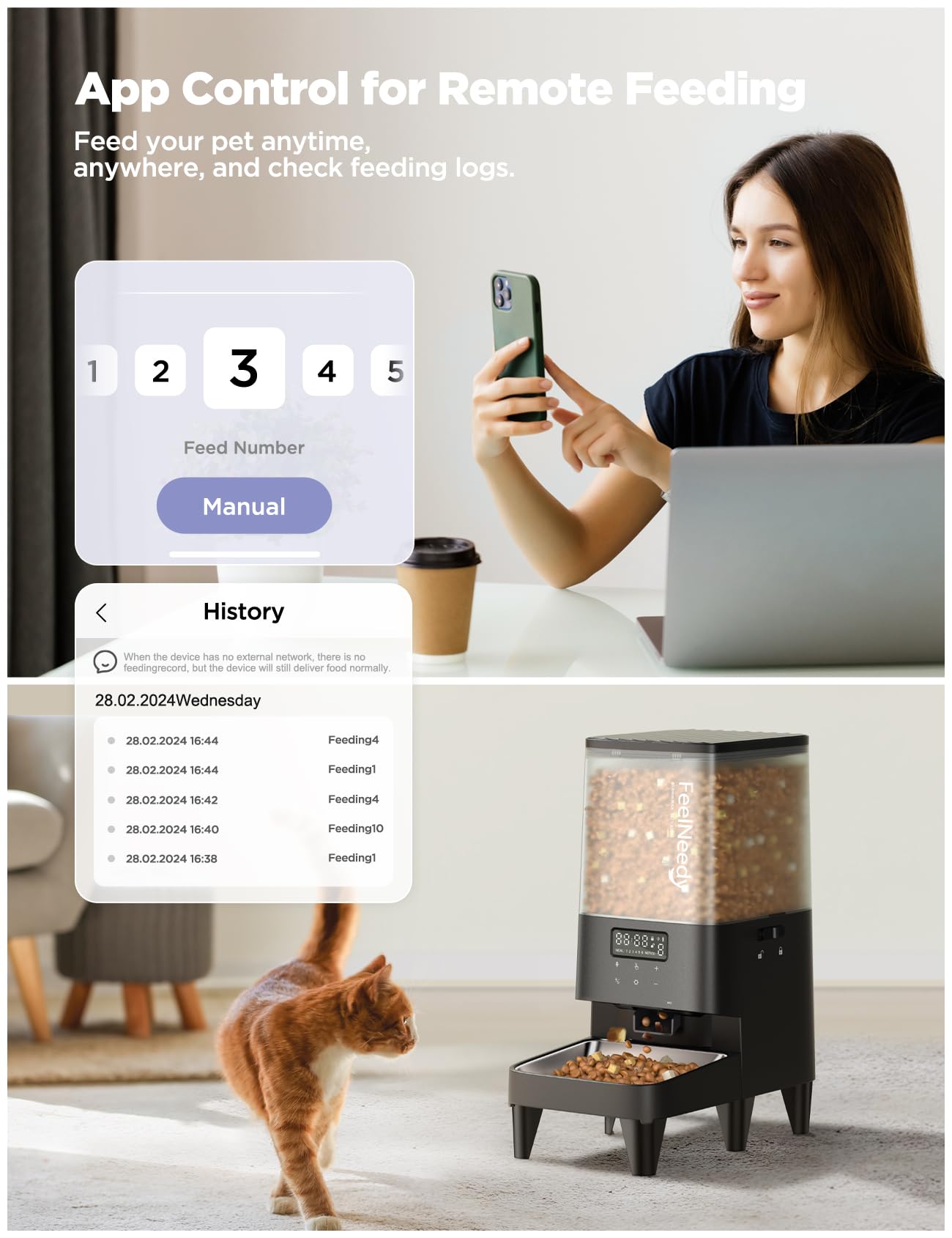 Distributore Automatico Cibo Gatti Cani WiFi 2.4G, FEELNEEDY 5L Dispenser Crocchette Cibo Cani Automatico, Pet Feeder Automatico Mangiatoia per Animali Domestici (APP-Nero)