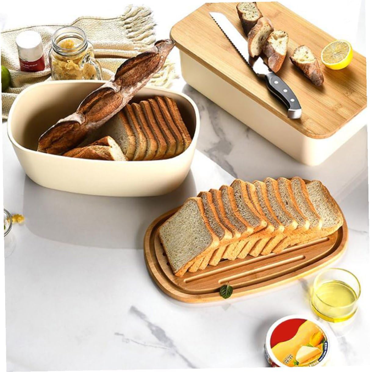 BESPORTBLE Bread Box Oval Desktop Bread Storage Container with Oak Lid for Kitchen Countertop Practical Toast and Snacks Organizer