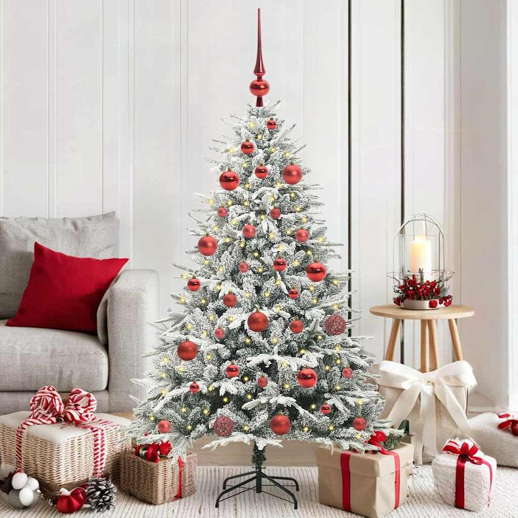 Árbol de Navidad artificial preiluminado con 150 luces LED de color blanco cálido, PVC/PE, cónico, con juego de bolas, para interior y exterior, color verde