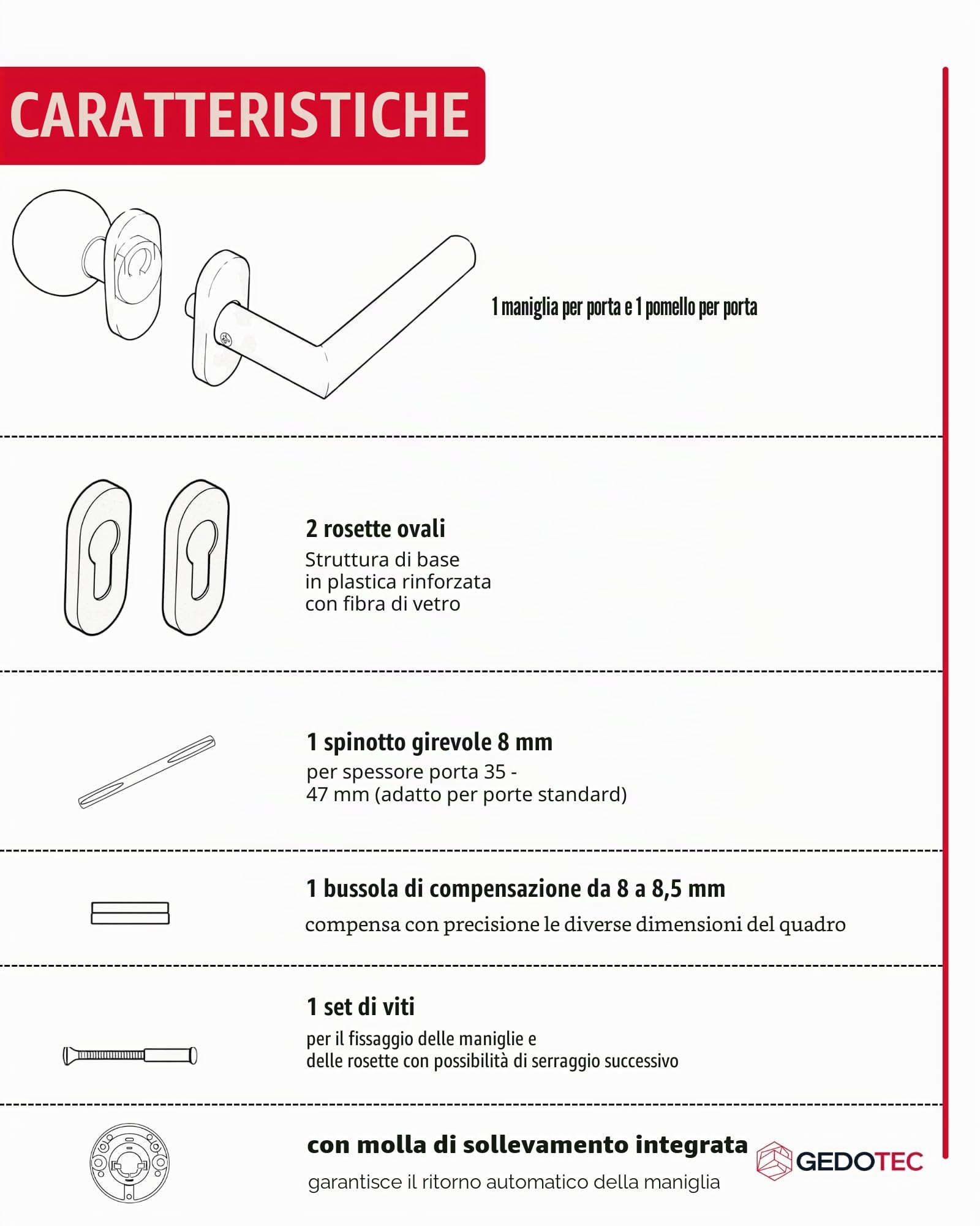 Gedotec Maniglia per porta Set di maniglie per porte interne Cancello da giardino Fermaporta in acciaio inox a L su rosone ovale | MÜNCHEN