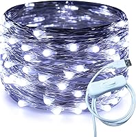 Vista 10 de RUICHEN Hilo de plata de 66 pies con 200 luces LED USB, guirnalda de luces de hadas con interruptor de encendido/apagado (blanco cálido)