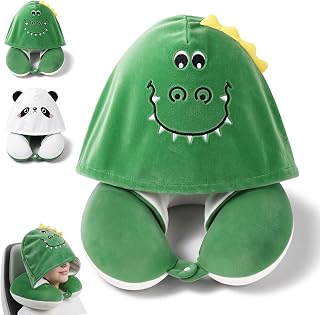 Kids Travel Pillow, With Hat, Front And Back Design | Dinosaur Animal Design, Cervical Aircraft Cushion, Memory Foam Travel Pillow, For Neck For Car, Airplane