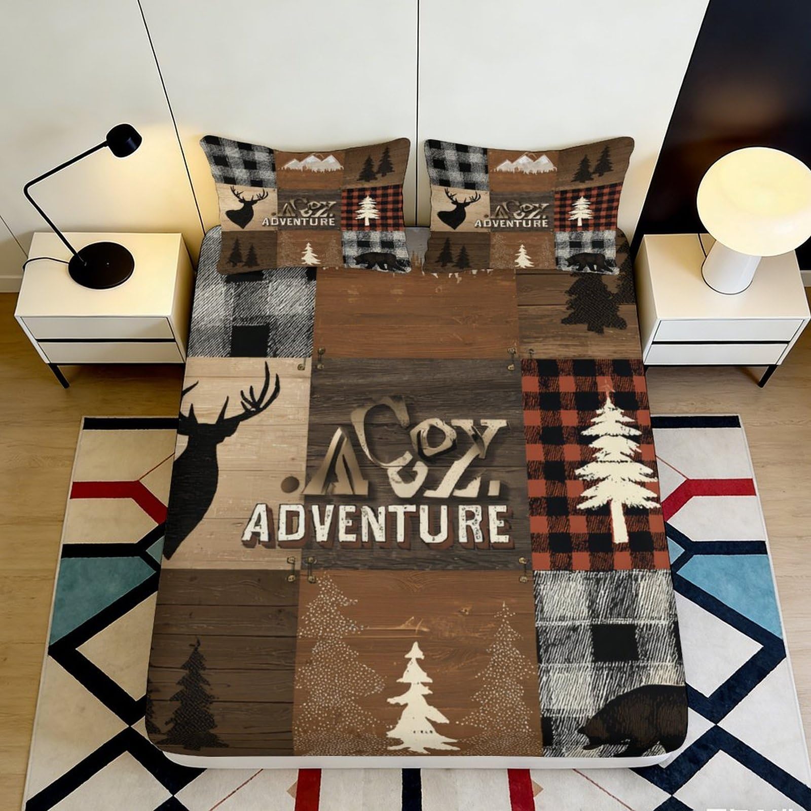 3D Printed Rustic Adventure Fitted Sheet Microfiber Soft Durable Plaid Bed Cover for Bedroom Dormitory Guest Room Mattress Protection Decor 120x200x25cm