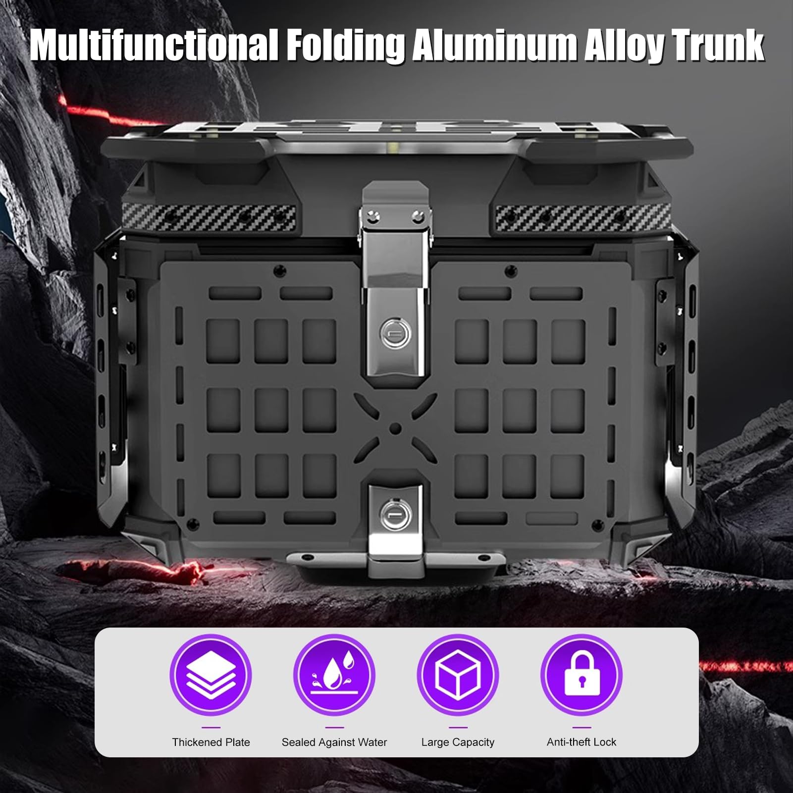 Motocykl Tail Box, Bagaż na motocykl ze stopu aluminium 45L z systemem podwójnej blokady i klamrą mocującą, Szybkie zwolnienie składanej tylnej obudowy ładunkowej dla kasku rękawic