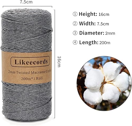 Miniatura 2 de Cordón de macramé, cuerda de algodón de 0.079 in x 219 yardas, cuerda de algodón blanco natural para manualidades, tejer, colgar plantas, decoración