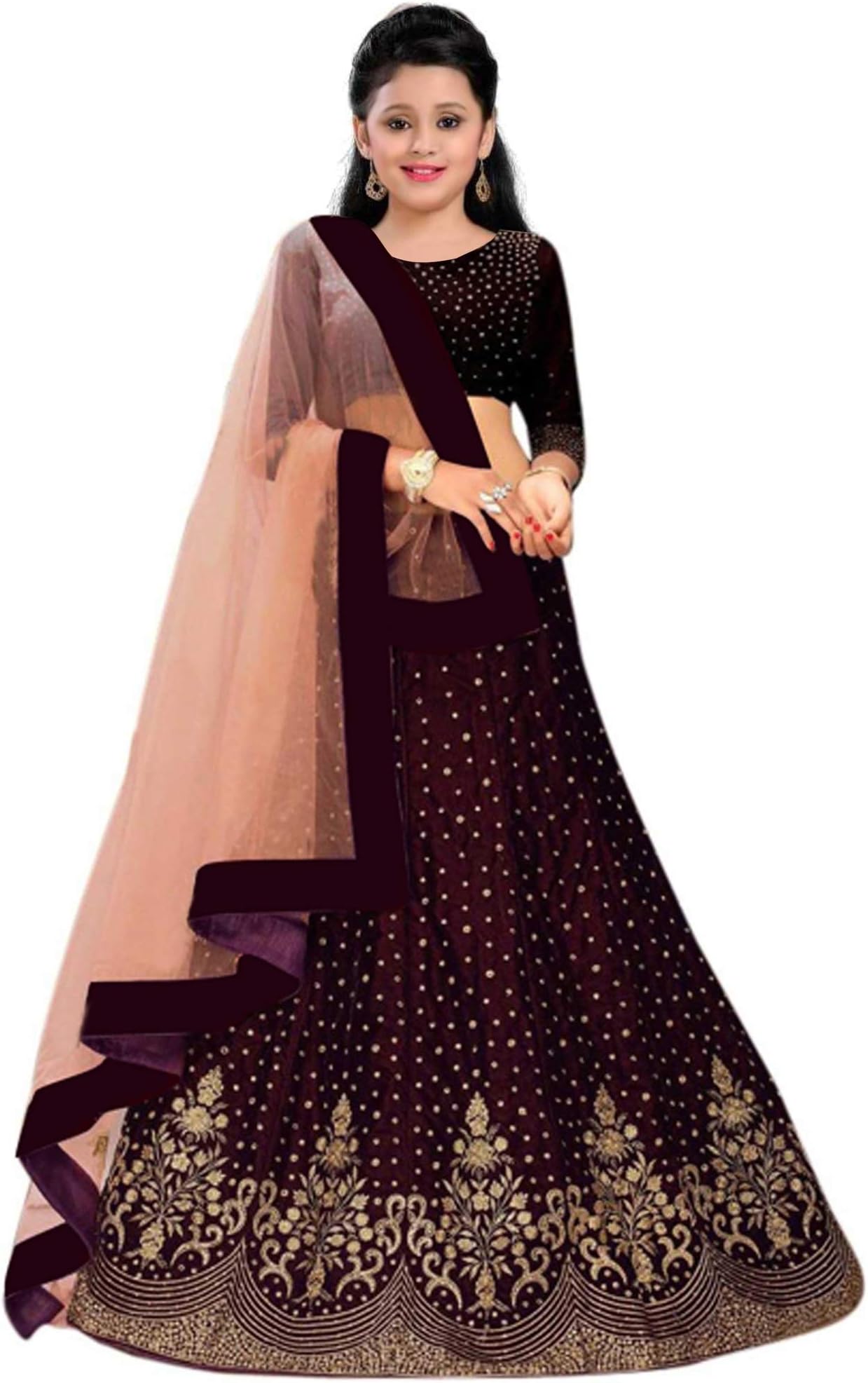 Arvi Enterprise Girl's Embroidered Taffeta silk Semi-Stitched Fancy Beautiful Designer Wear Ghaghara choli for girls 8-12 years