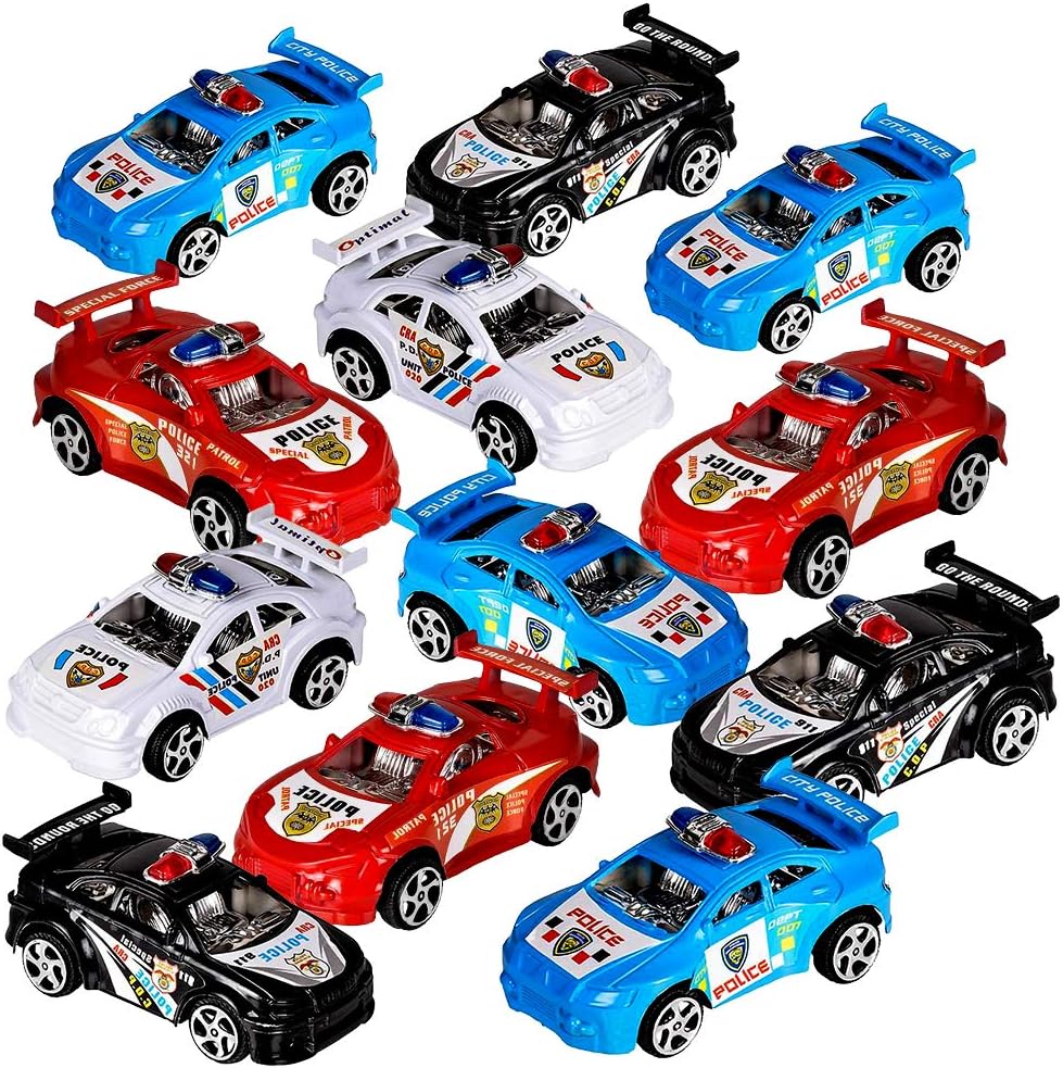 ArtCreativity Pullback Mini Police Toy Cars for Kids, Set of 12, Pull Back Racers in Assorted Colors, Police Birthday Party Favors for Boys and Girls, Goodie Bag Fillers, Small Game Prizes