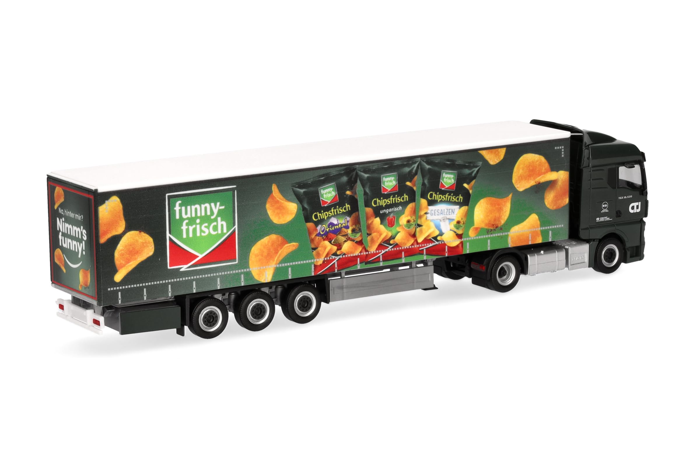 Herpa LKW Modell Man TGX GM Gardinenplanen-Sattelzug CTJ/Funny Frisch (Nordrhein-Westfalen/Dormagen), Miniatur im Maßstab 1:87, Sammlerstück, Made in Germany, Kunststoff, Weiß