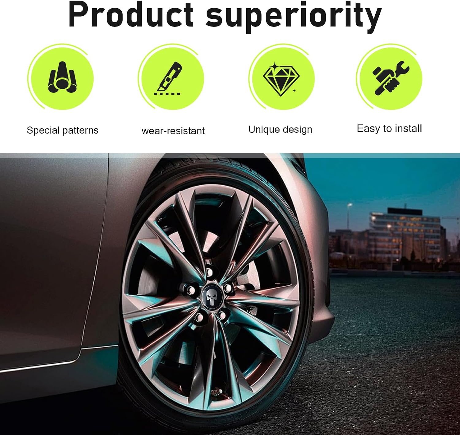 WZP 4PCS Car Wheel Center Cap, Metal Skull Wheel Hub Cap Sticker, Waterproof Rustproof Self-Adhesive Center Caps Sticker for Rims, Universal Auto Exterior Deco Accessories for Most Vehicles (Black)