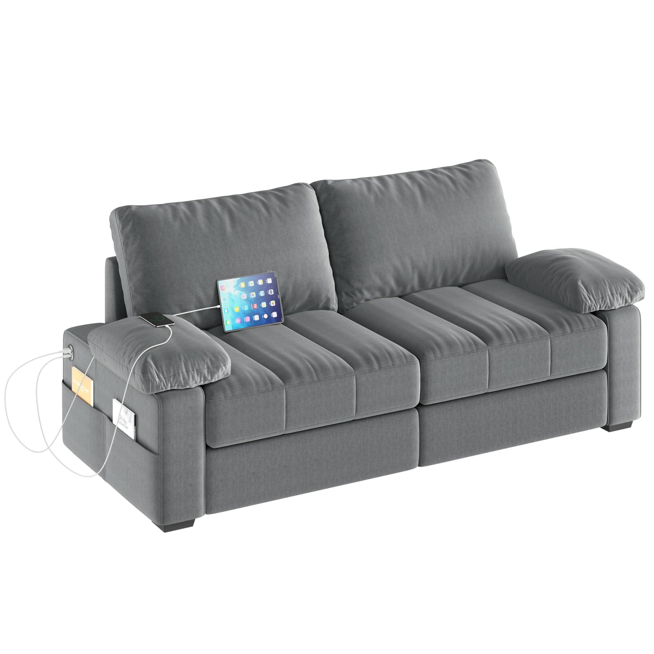 Yaheetech 79" Velvet Futon Sofa with Storage Pockets & USB Ports, Removable Armrest Pillow & Cover, Modern Comfy Loveseat Couch for Living Room, Apartment, Bedroom, Gray