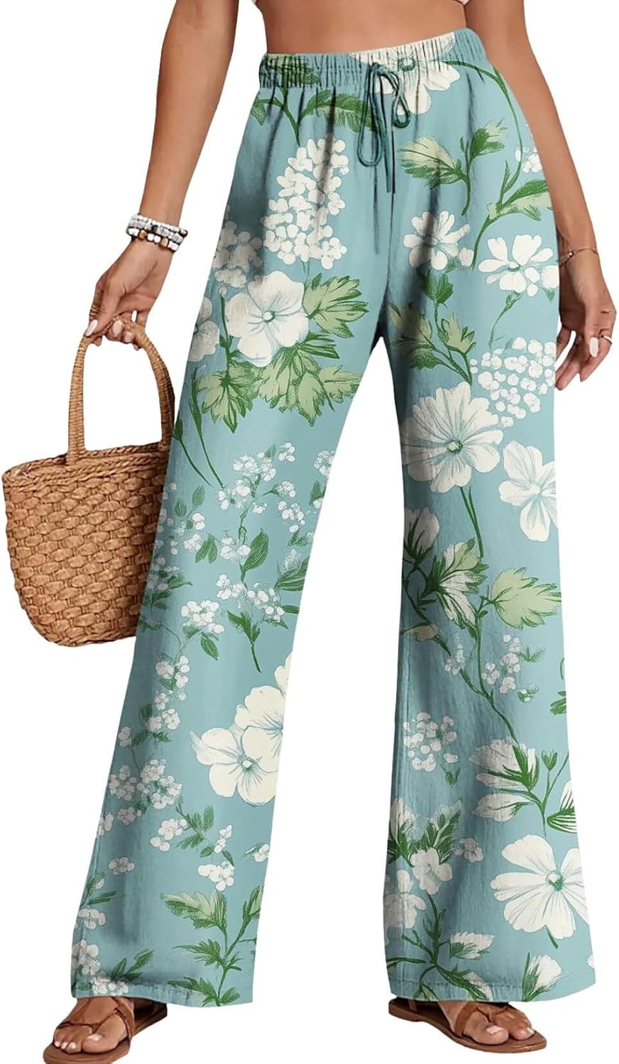 Women’s High Waist Wide Leg Floral Print Pants Lightweight Summer Elastic Waist Beach Trousers with Pockets