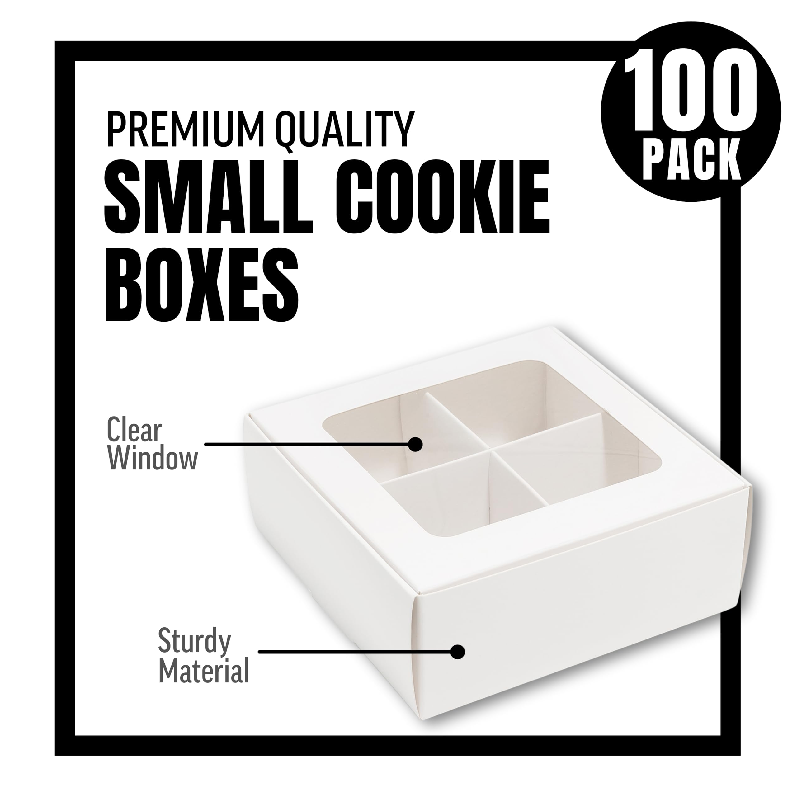 Cajas de galletas pequeñas, color blanco, 4 golosinas, ventana y divisores, 6 x 6 x 2.4 pulgadas, paquete de 100