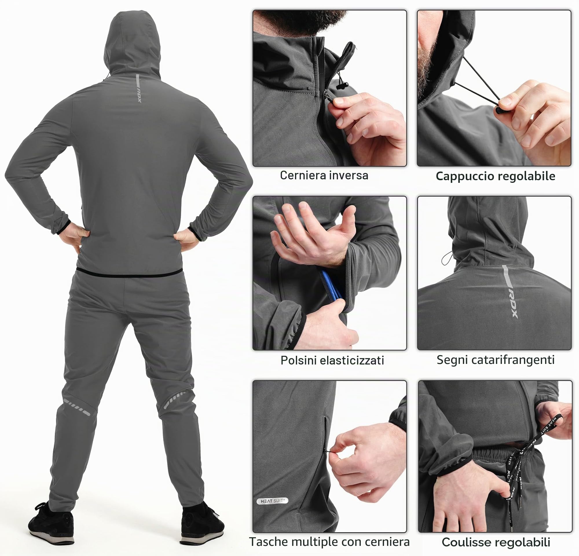 RDX Tuta Sauna Dimagrante Uomo Donna, Reach Conforme, Anti Rip Sudore Dimagranti Tute Cappuccio, Tuta per Sudare Tuta Termica Sports Boxe MMA Palestra Allenamento Top Pantaloni Set