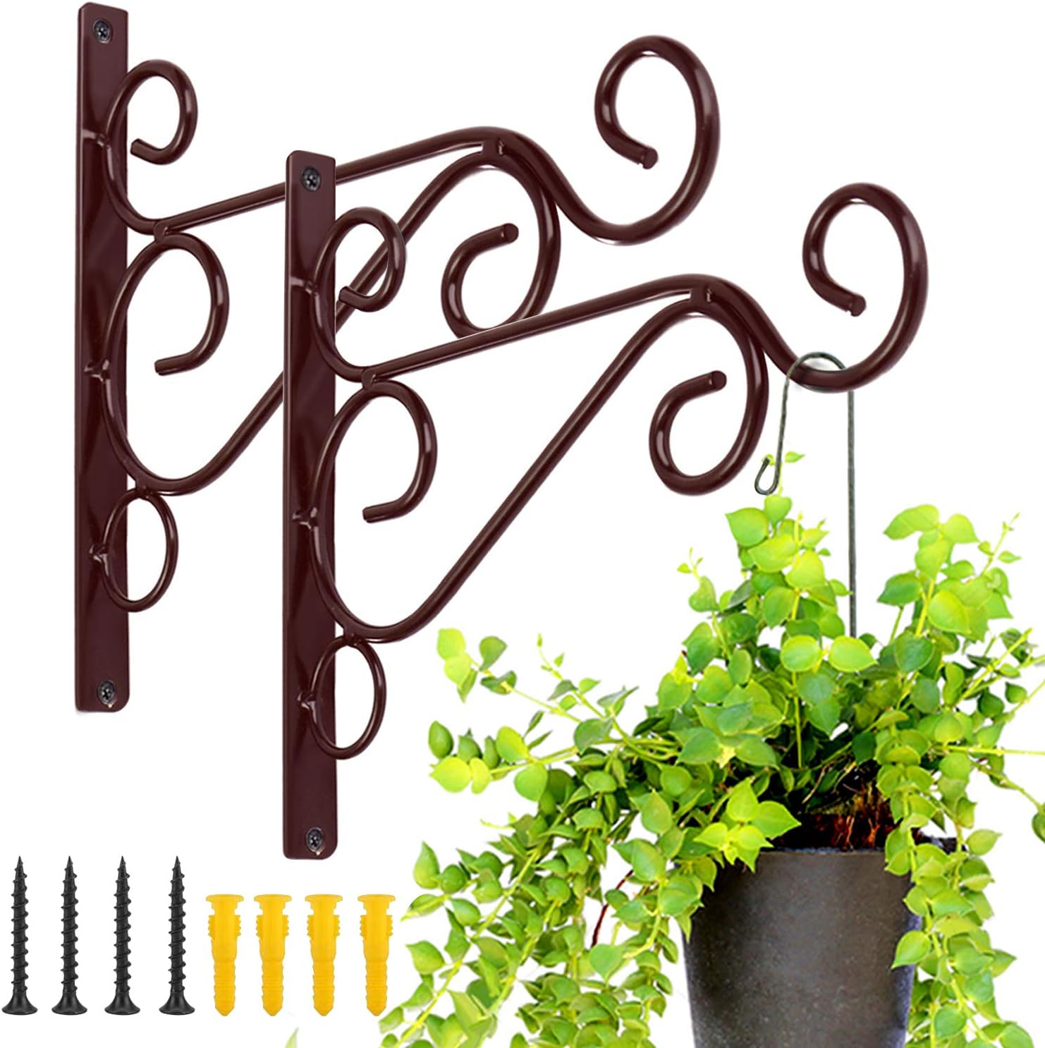 KABB Pack of 2 Brown Iron Plant Hanging Hooks Wall Brackets for Planter Bird Feeder Lanterns Wind Chimes with Screws