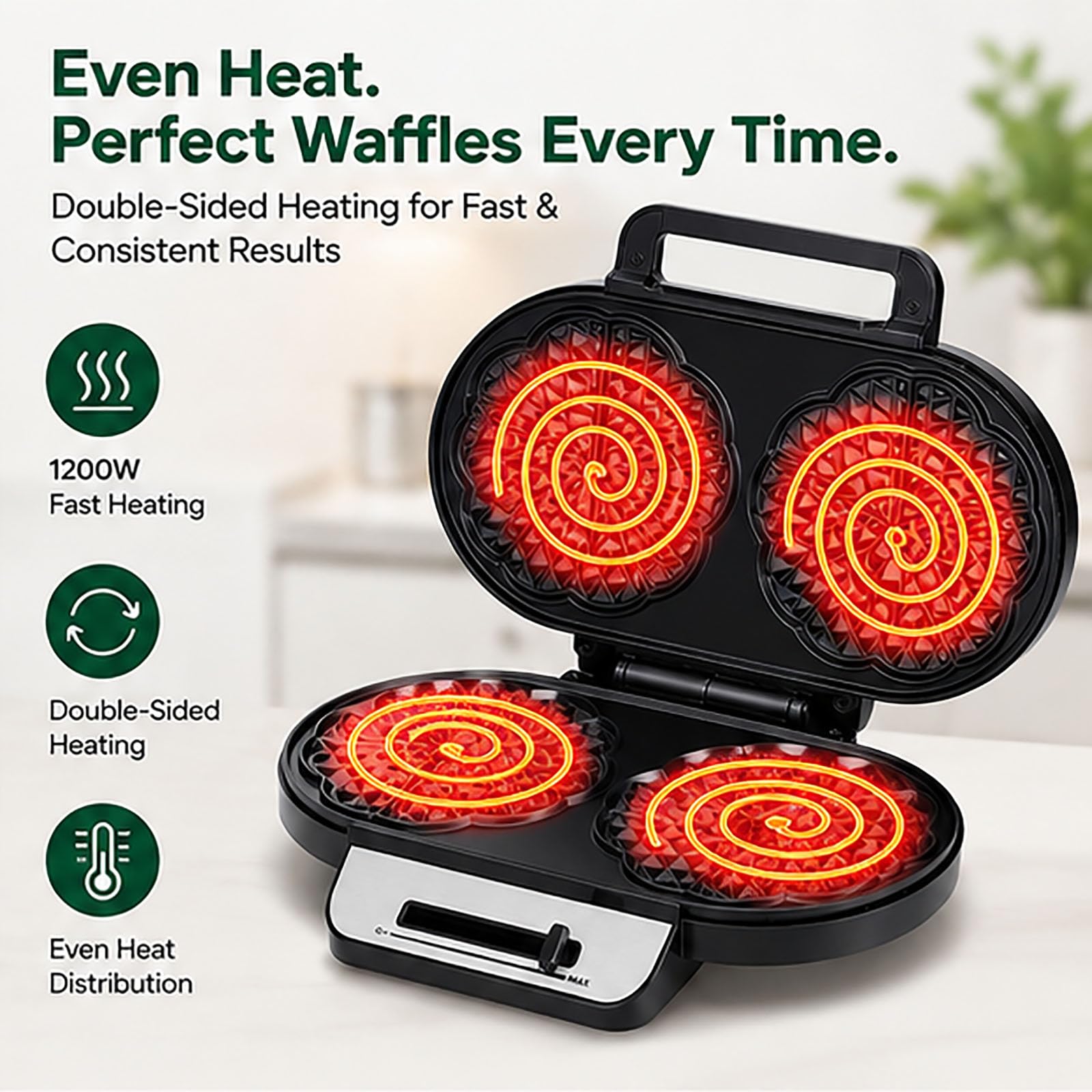 Macchina per waffle doppia a forma di cuore, riscaldamento rapido da 1200 W | Ferro antiaderente, temperatura regolabile, colazione in 3 minuti, riscaldamento uniforme, pulizia facile